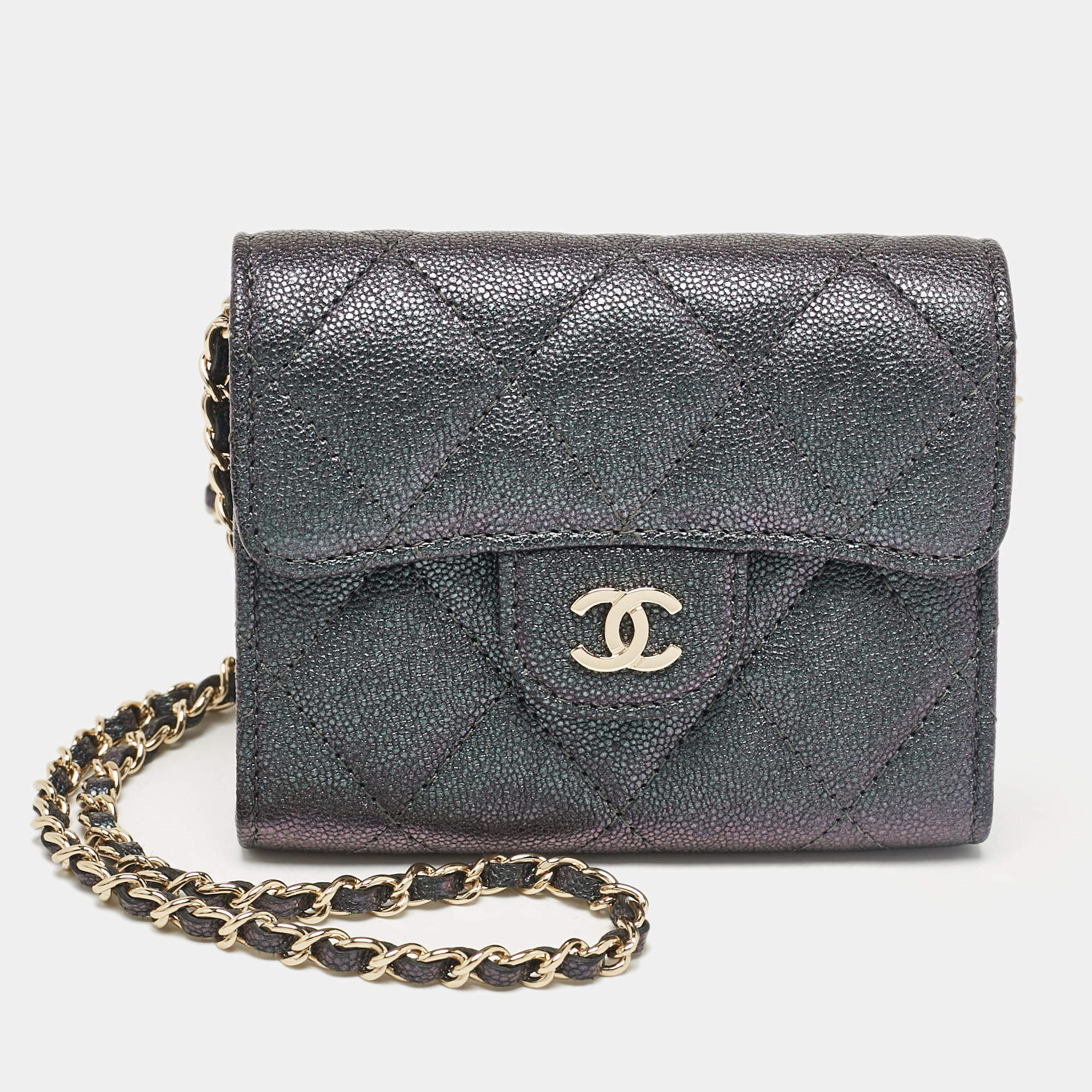 Pre Owned Chanel Green Iridescent Quilted Caviar Leather Mini Classic Chain Clutch