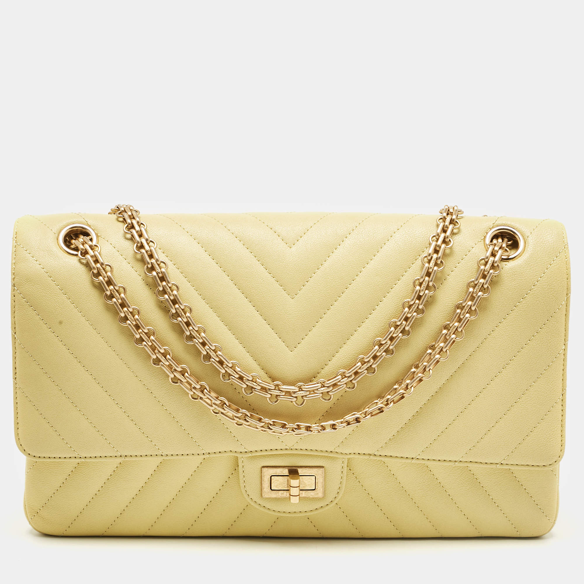 Pre Owned Chanel Yellow Chevron Leather Classic 227 Reissue 2.55 Flap Bag