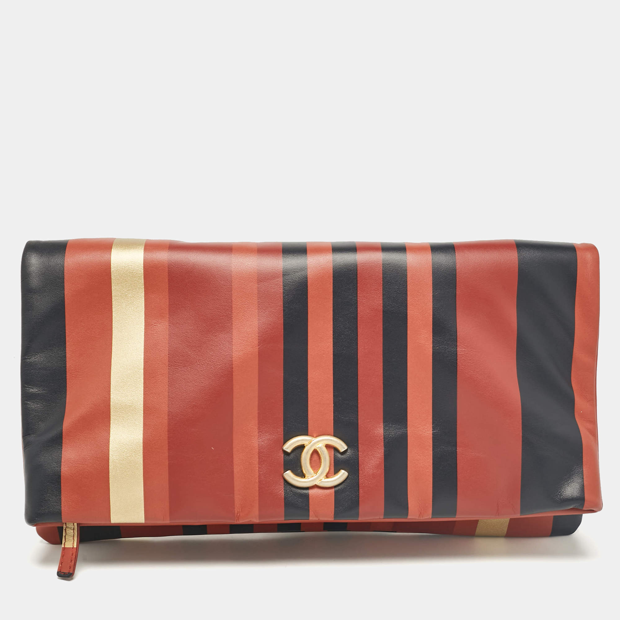 Pre Owned Chanel Multicolor Striped Leather Foldover Clutch
