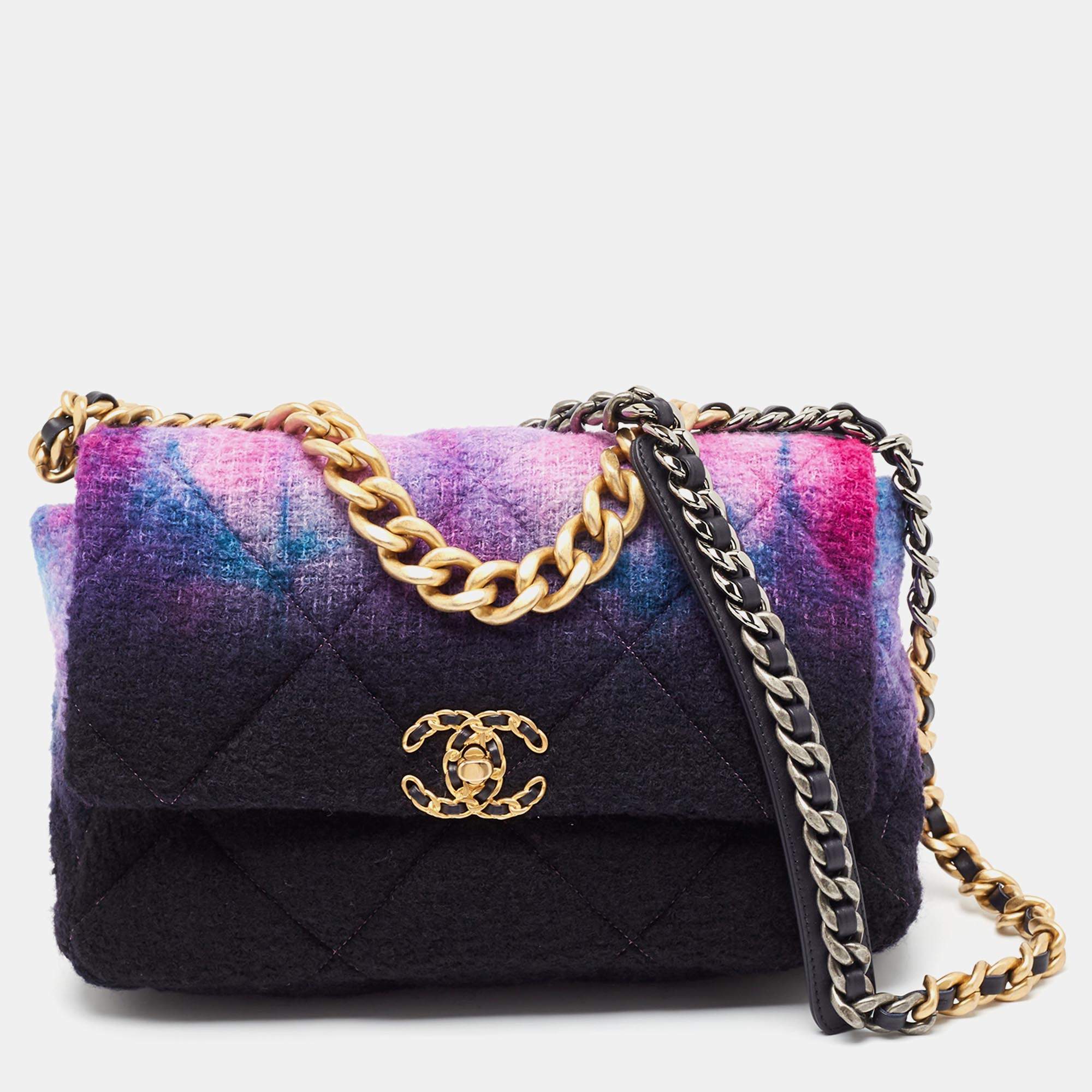 Pre Owned Chanel Multicolor Ombre Quilted Wool Large 19 Shoulder Bag