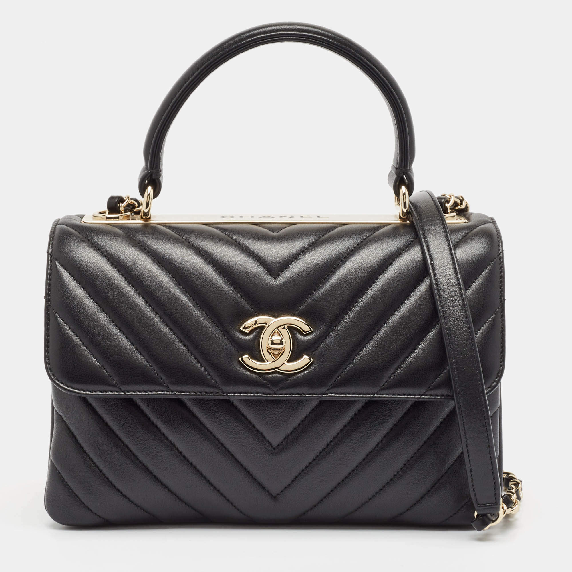 Pre Owned Chanel Black Chevron Leather Small Trendy CC Top Handle Bag