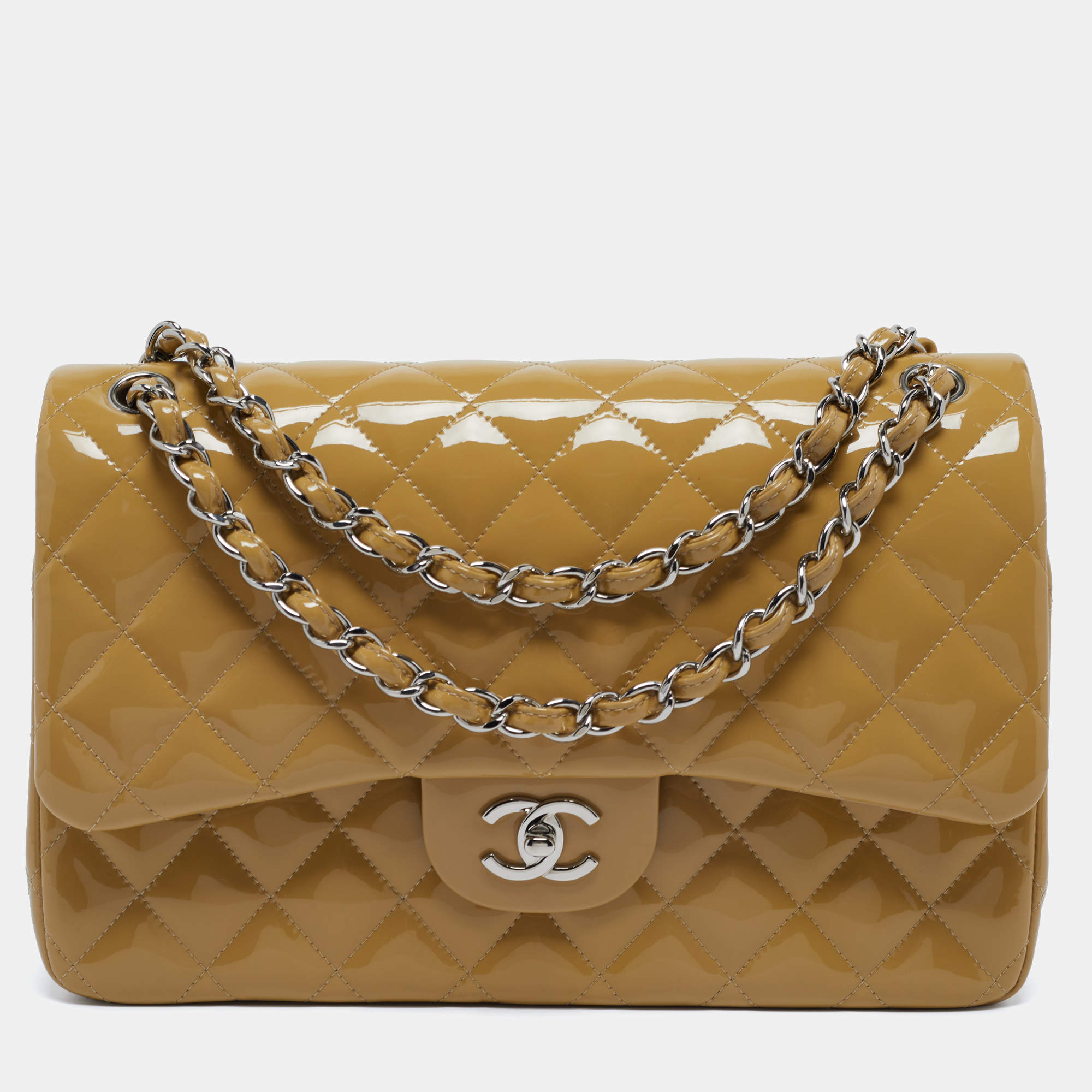 Chanel Beige Quilted Patent Leather Jumbo Classic Double Flap Bag