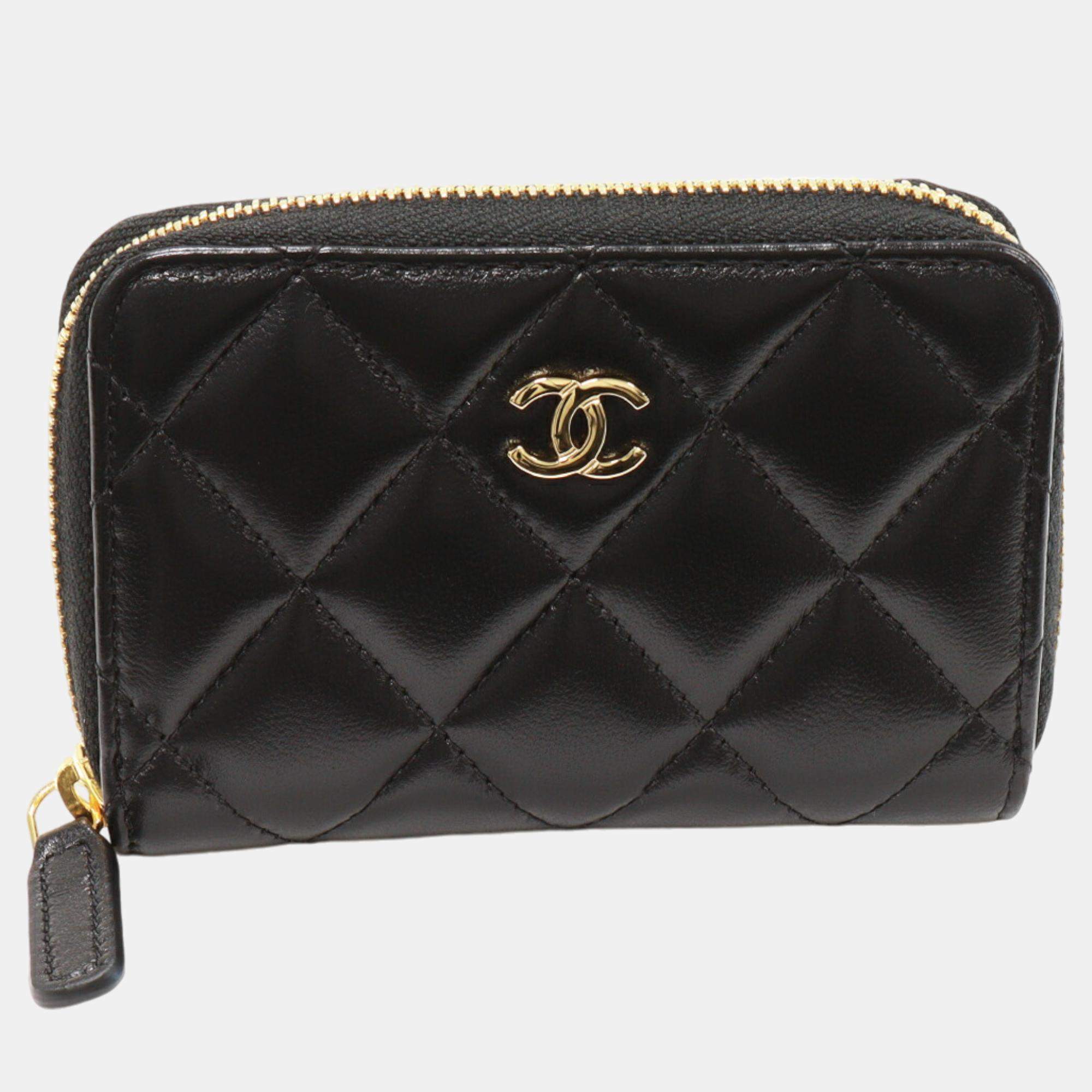 Chanel  Black Lambskin Leather Classic Zip Coin Case 