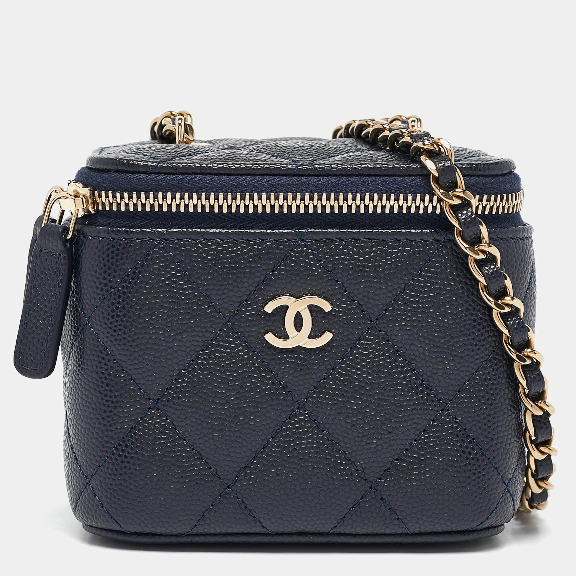 Pre Owned Chanel Navy Blue Quilted Caviar Leather Mini Vanity Case with Chain