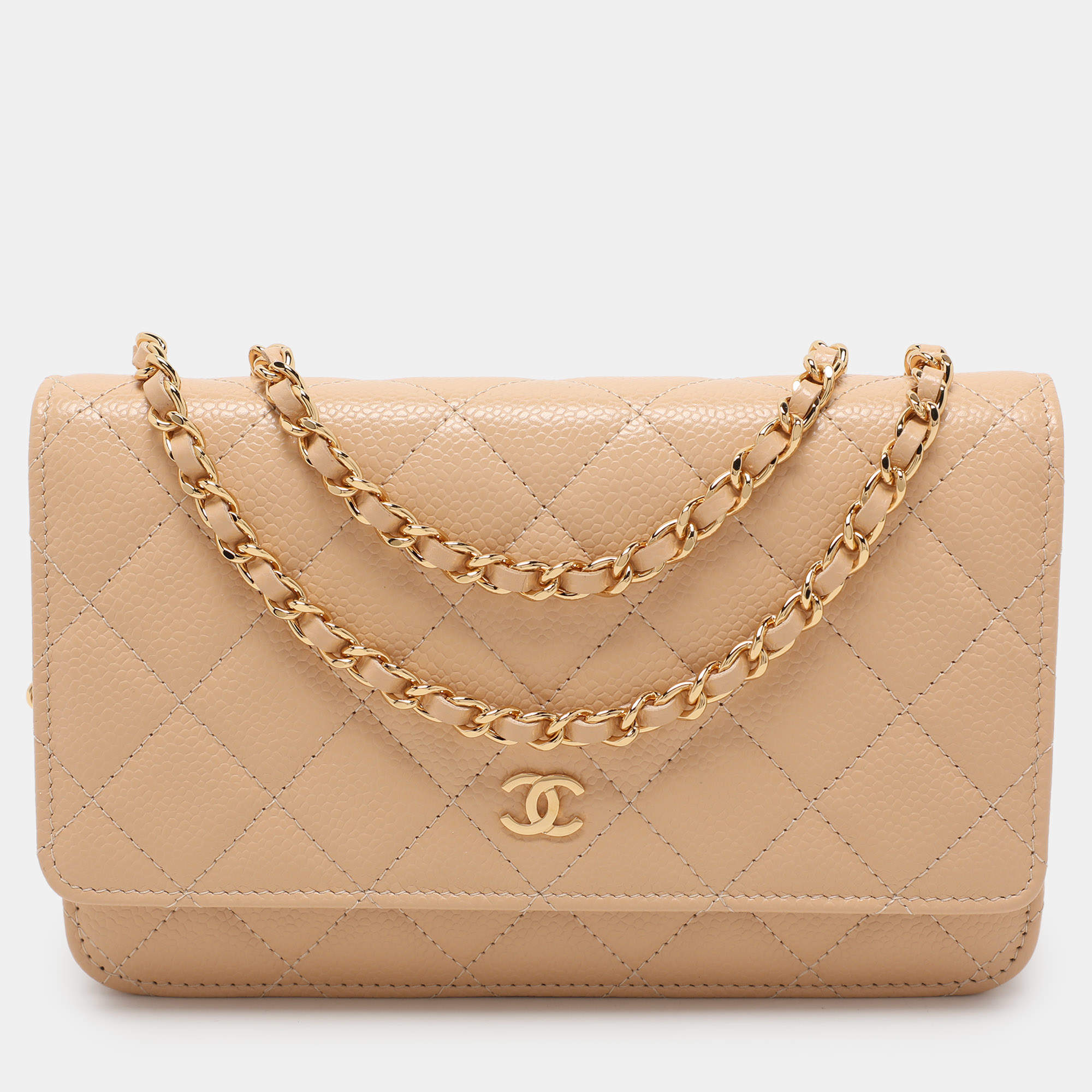 Pre Owned Chanel Beige Quilted Caviar Leather CC Wallet On Chain