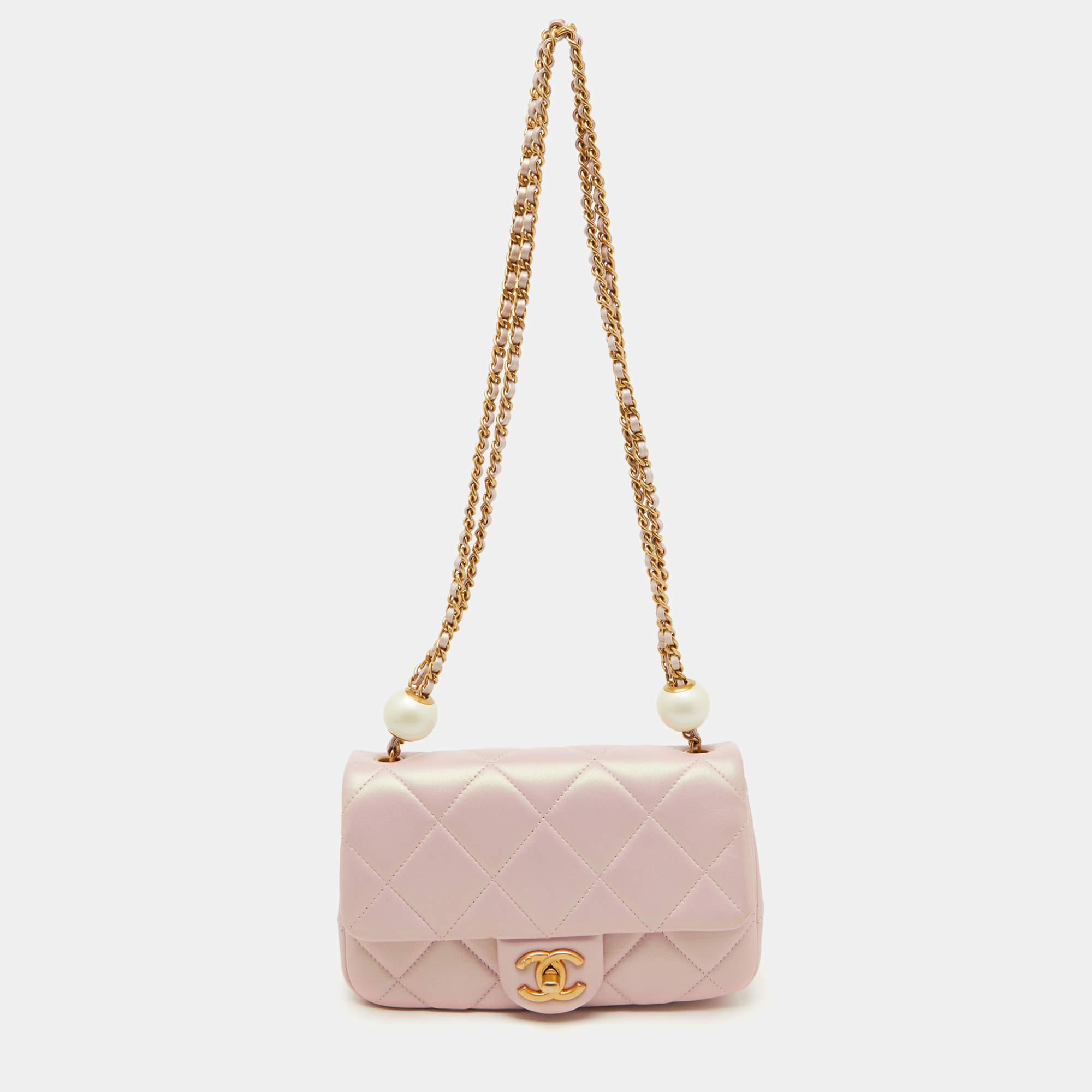 Chanel Pink Pearly Iridescent Quilted Leather Mini Crossbody Bag