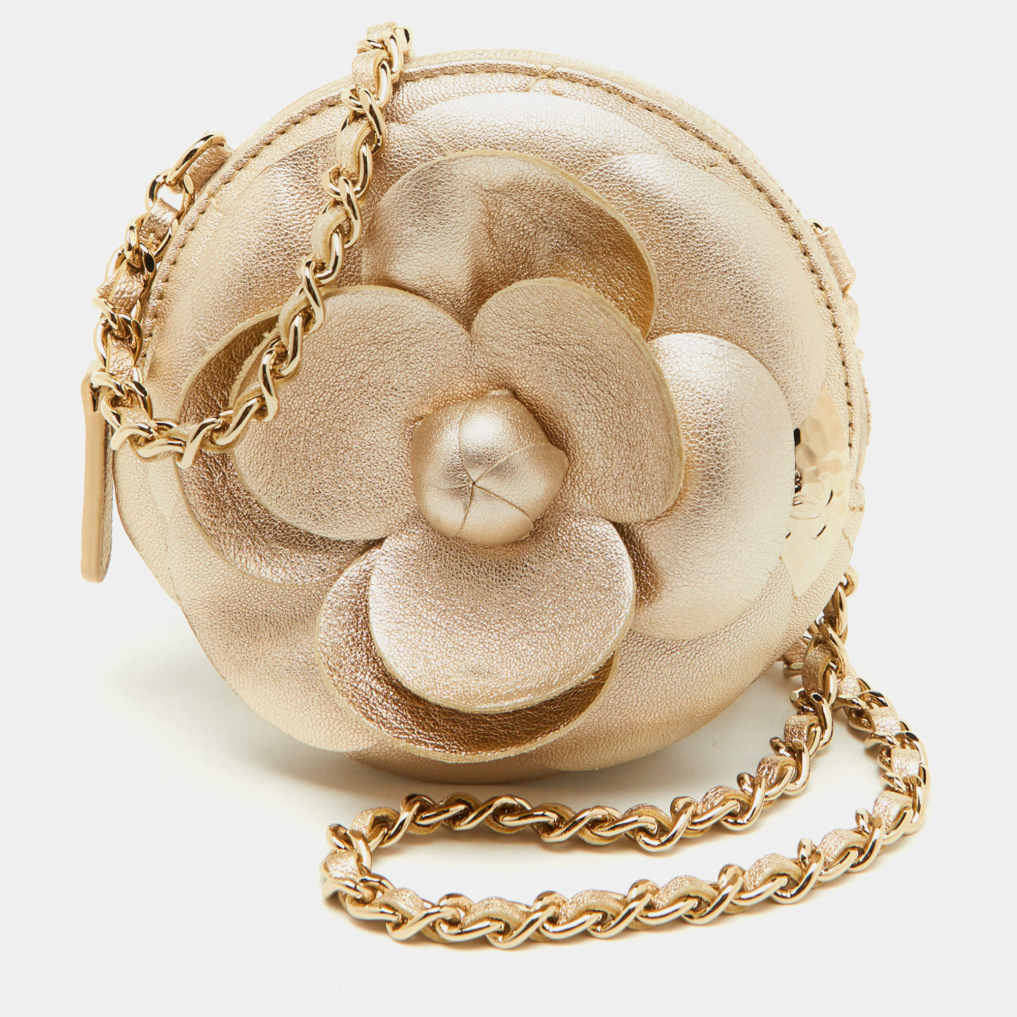 Chanel Light Gold Leather CC Camellia Round Clutch With Chain