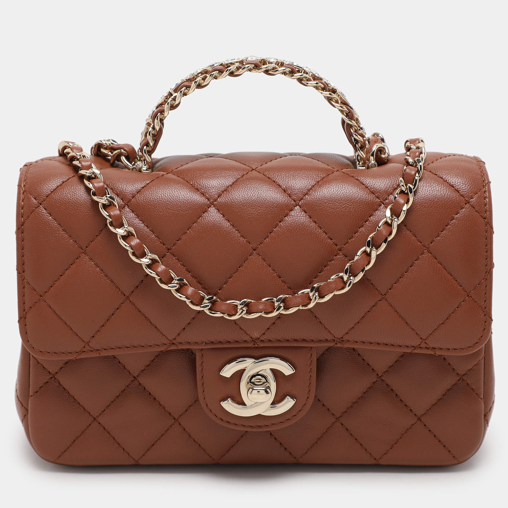 Pre Owned Chanel Brown Quilted Leather Mini Crystal Embellished Top Handle Bag