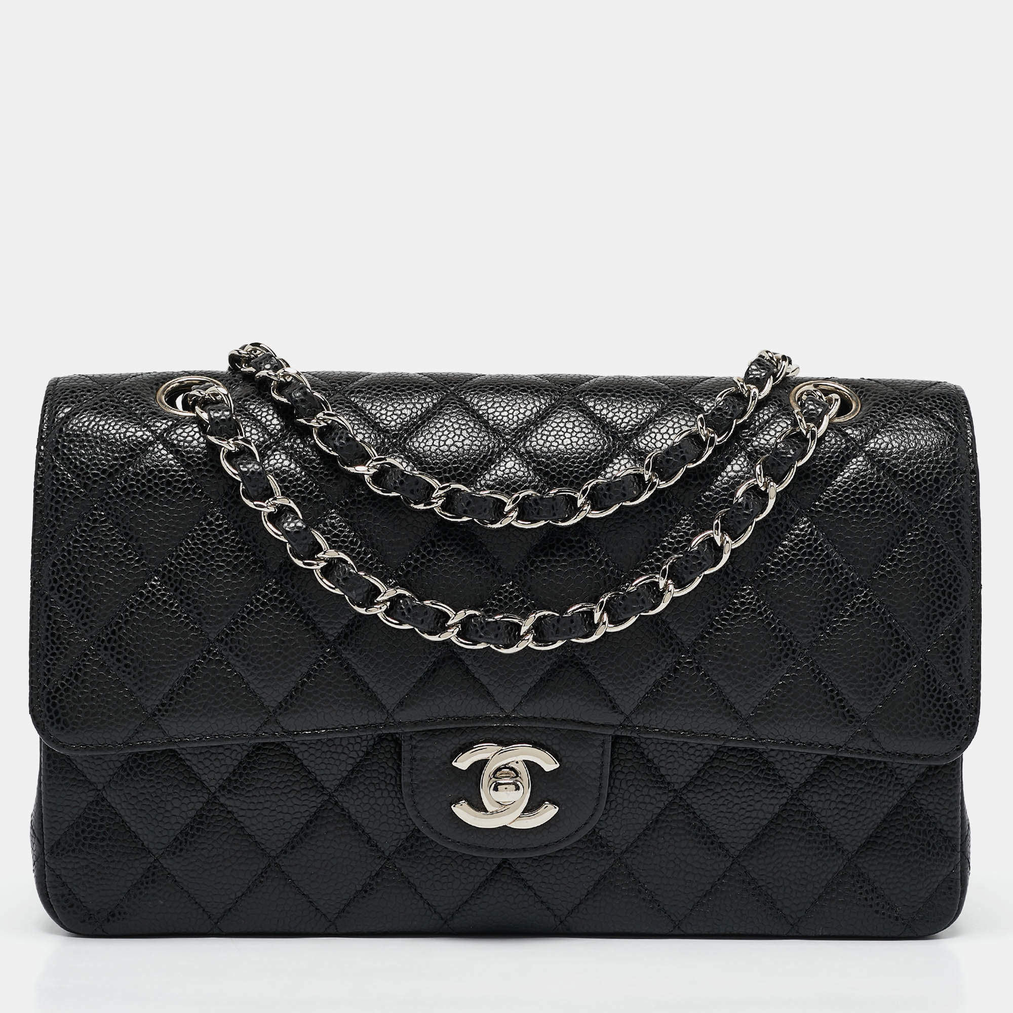 Pre Owned Chanel Black Quilted Caviar Leather Medium Classic Double Flap Bag