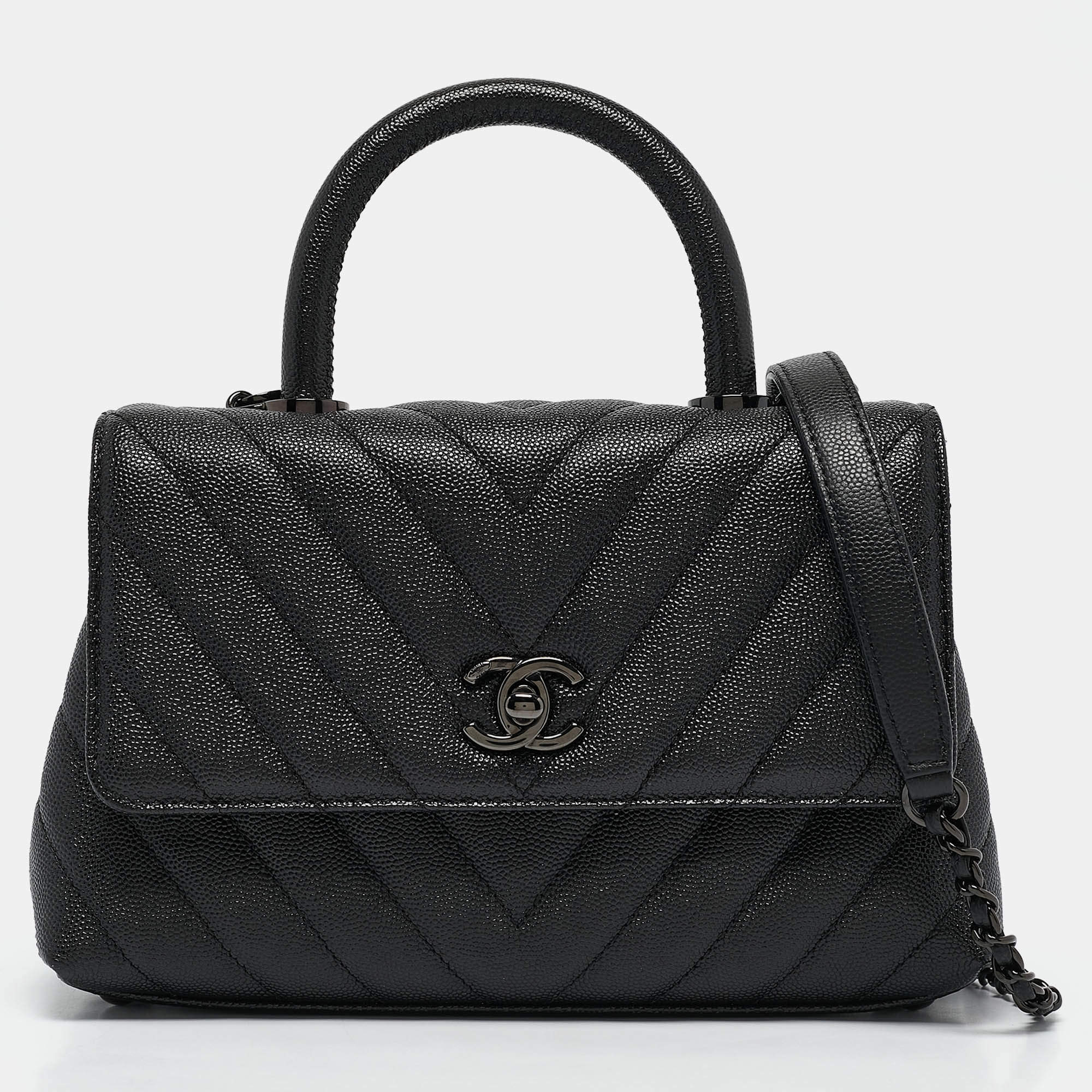 Pre Owned Chanel Black Chevron Caviar Leather Mini So Black Coco Top Handle Bag
