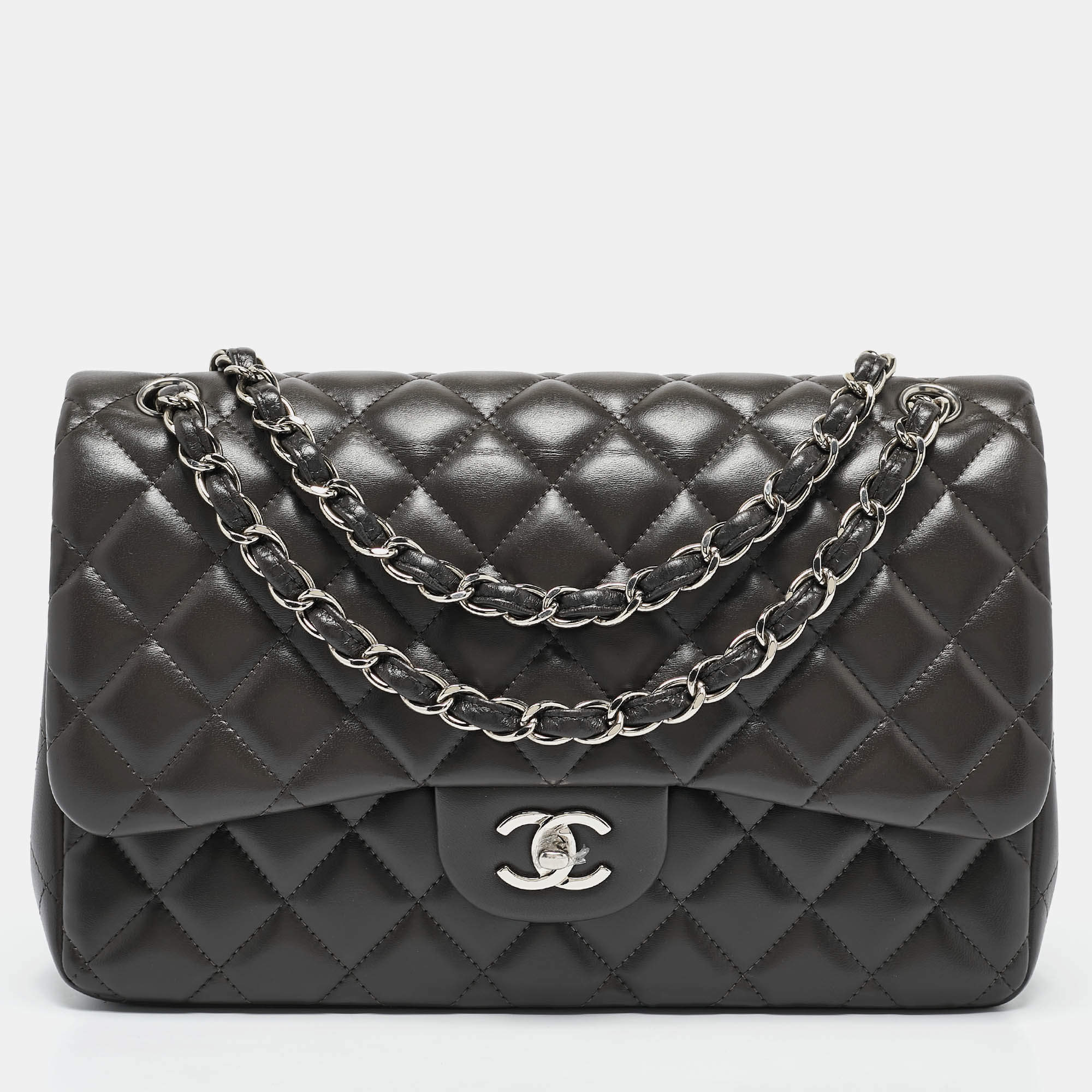 Chanel Grey Quilted Leather Jumbo Classic Double Flap Bag