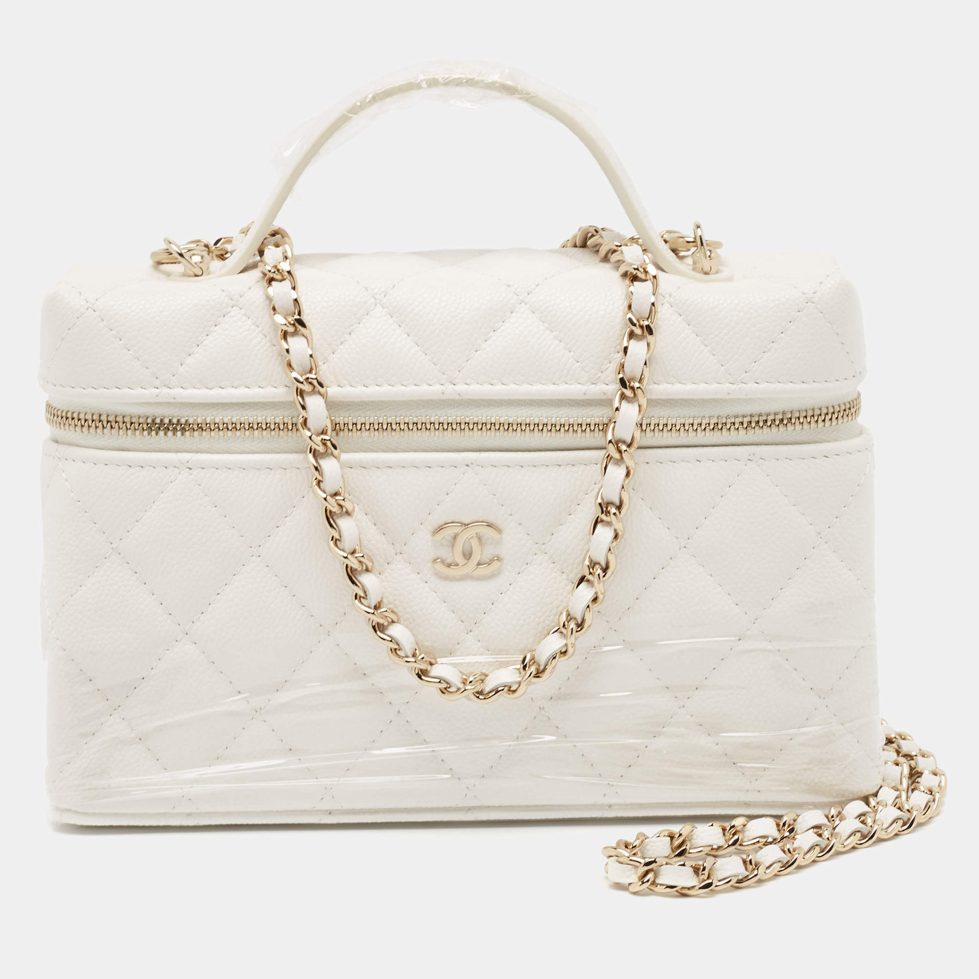 Chanel White Quilted Caviar Leather CC Long Vanity Case Bag