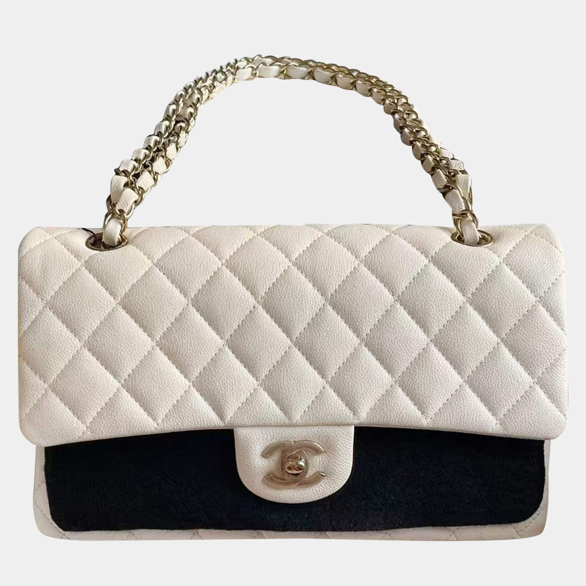 Pre Owned Chanel White Gold Button Caviar Leather Medium Bag