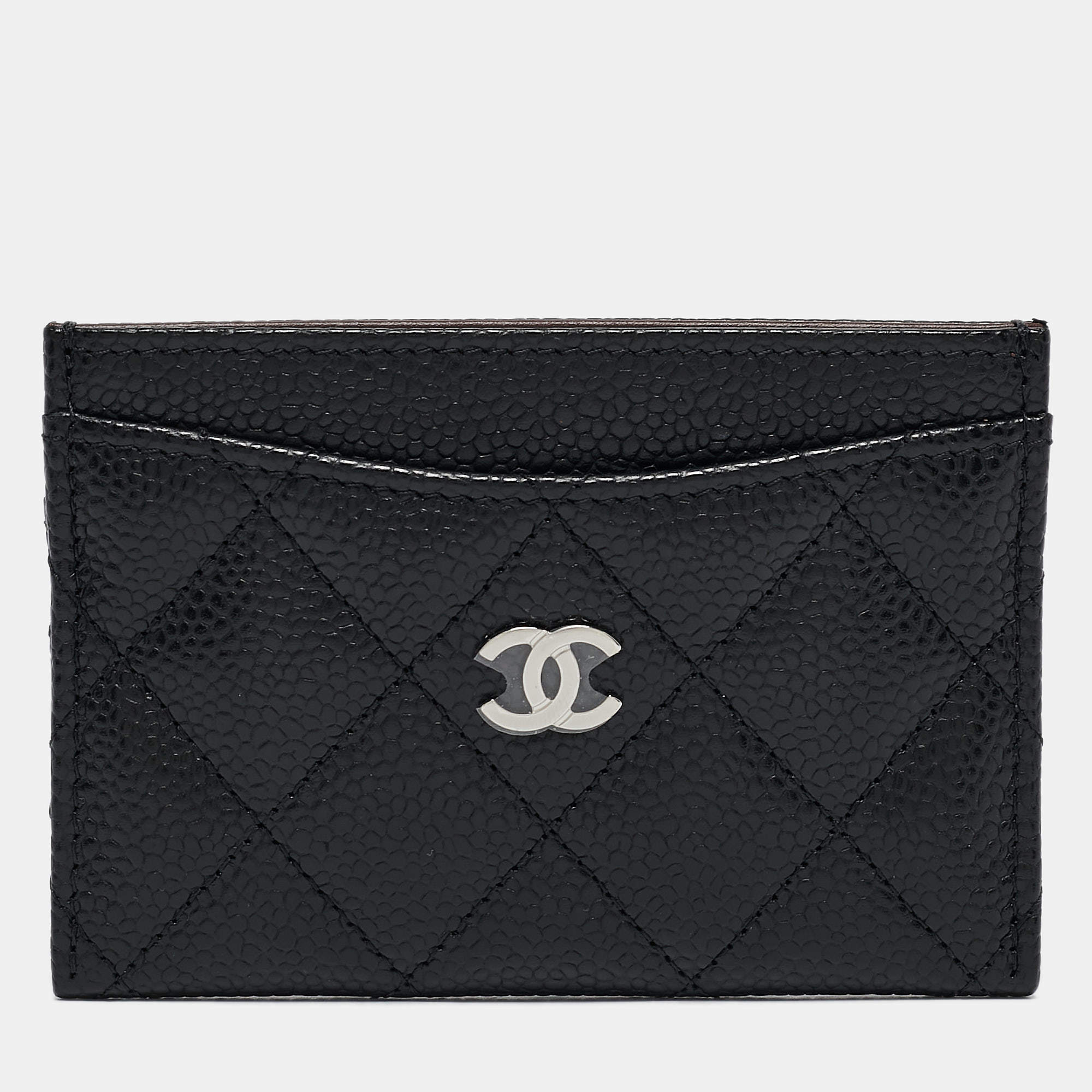 Pre Owned Chanel Black Quilted Caviar Leather CC Card Holder