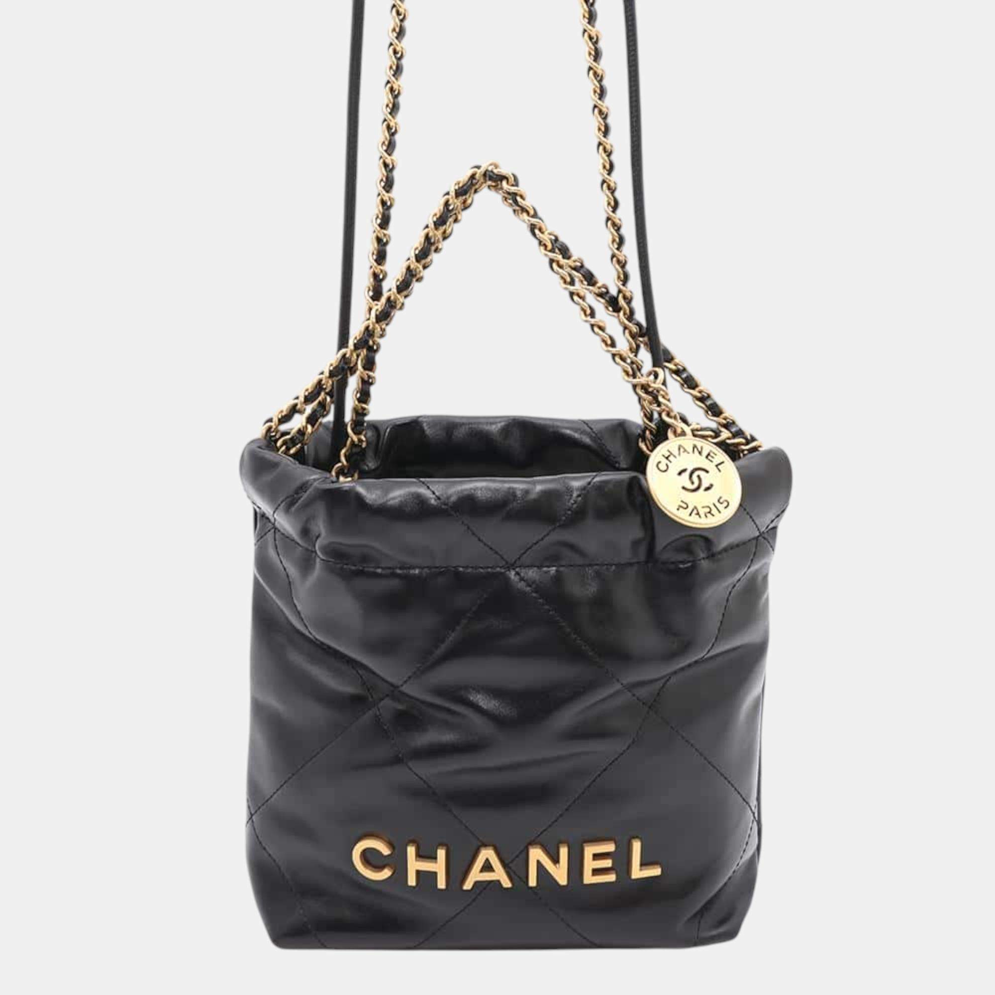 Chanel Black Shiny Calf Leather Mini 22 Shoulder Bag