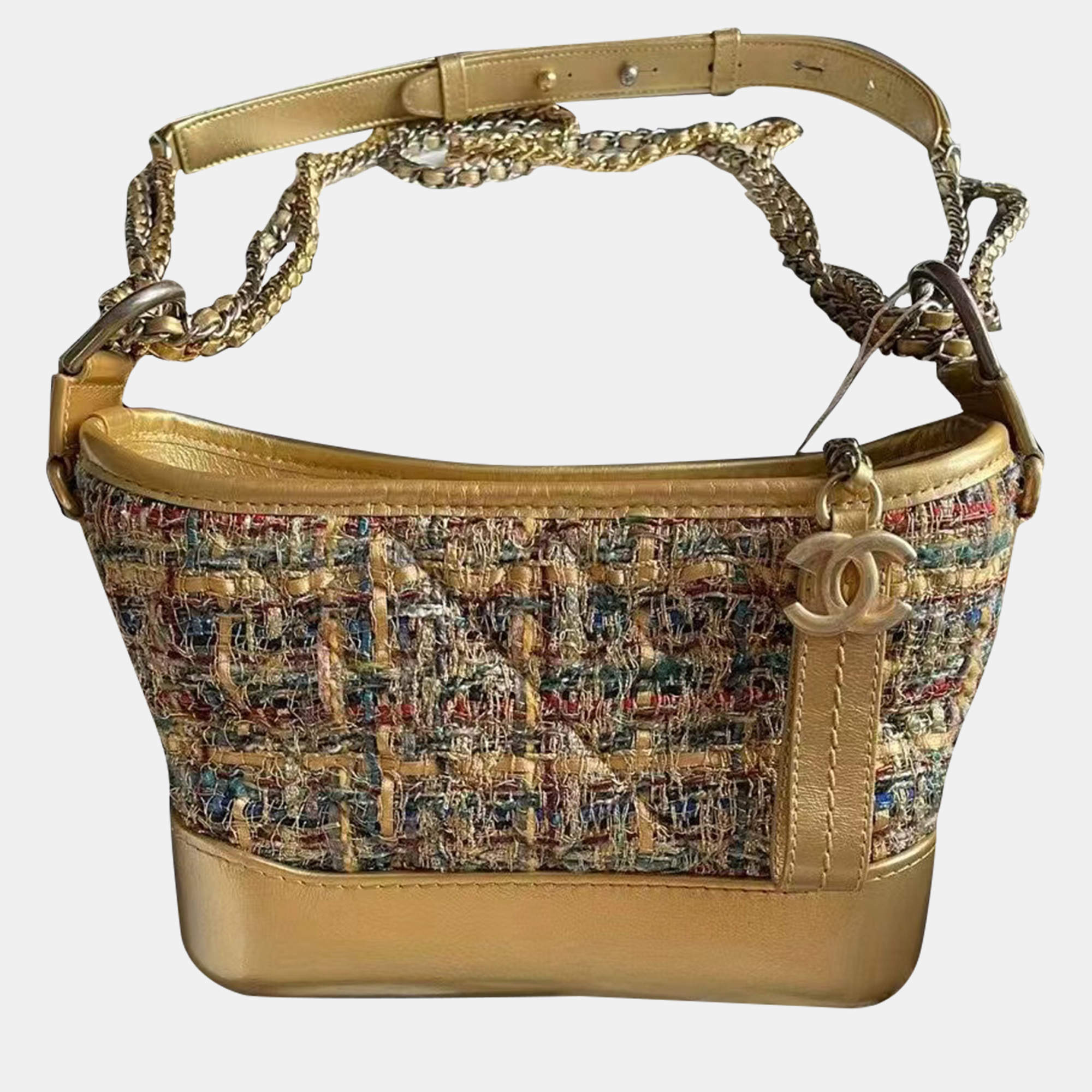 Pre Owned Chanel Golden Tweed and Leather Gabrielle Small Hobo Bag