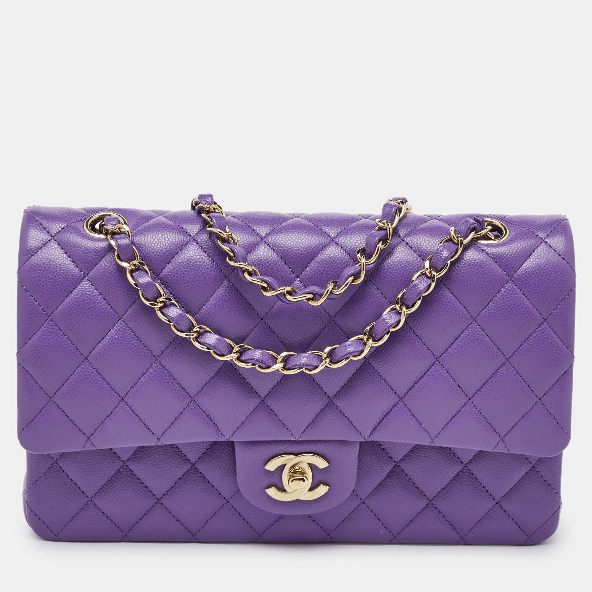 Pre Owned Chanel Purple Caviar Quilted Leather Medium Classic Double Flap Bag
