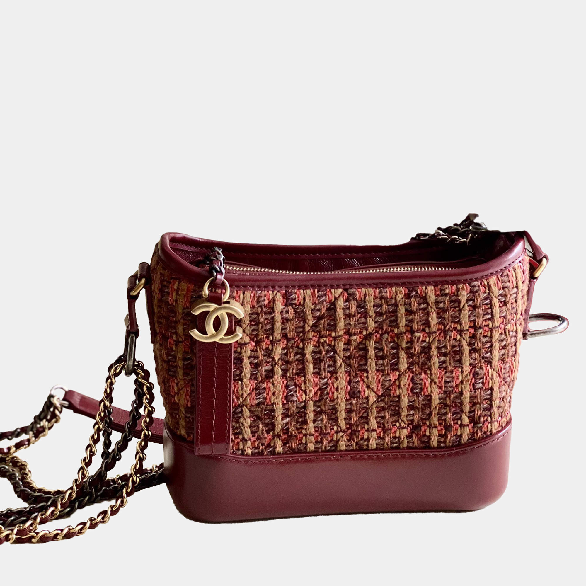 Chanel Burgundy Tweed Calfskin Gabrielle Hobo Bag
