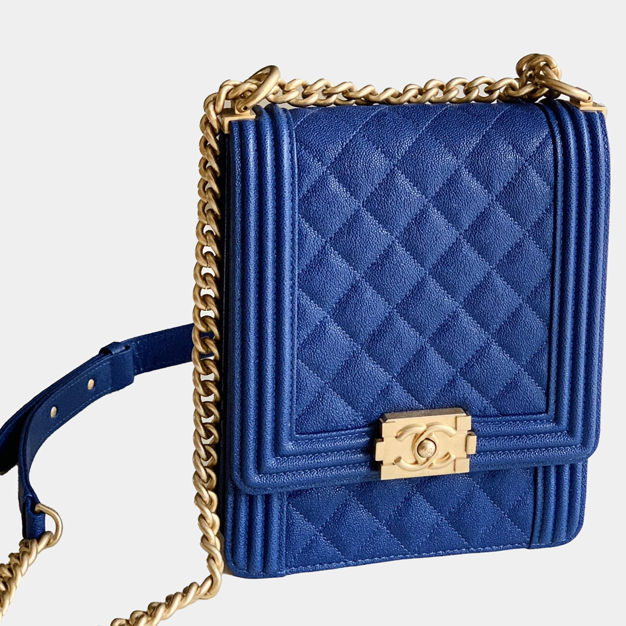 Pre Owned Chanel Blue Leather North South Boy Shoulder Bag