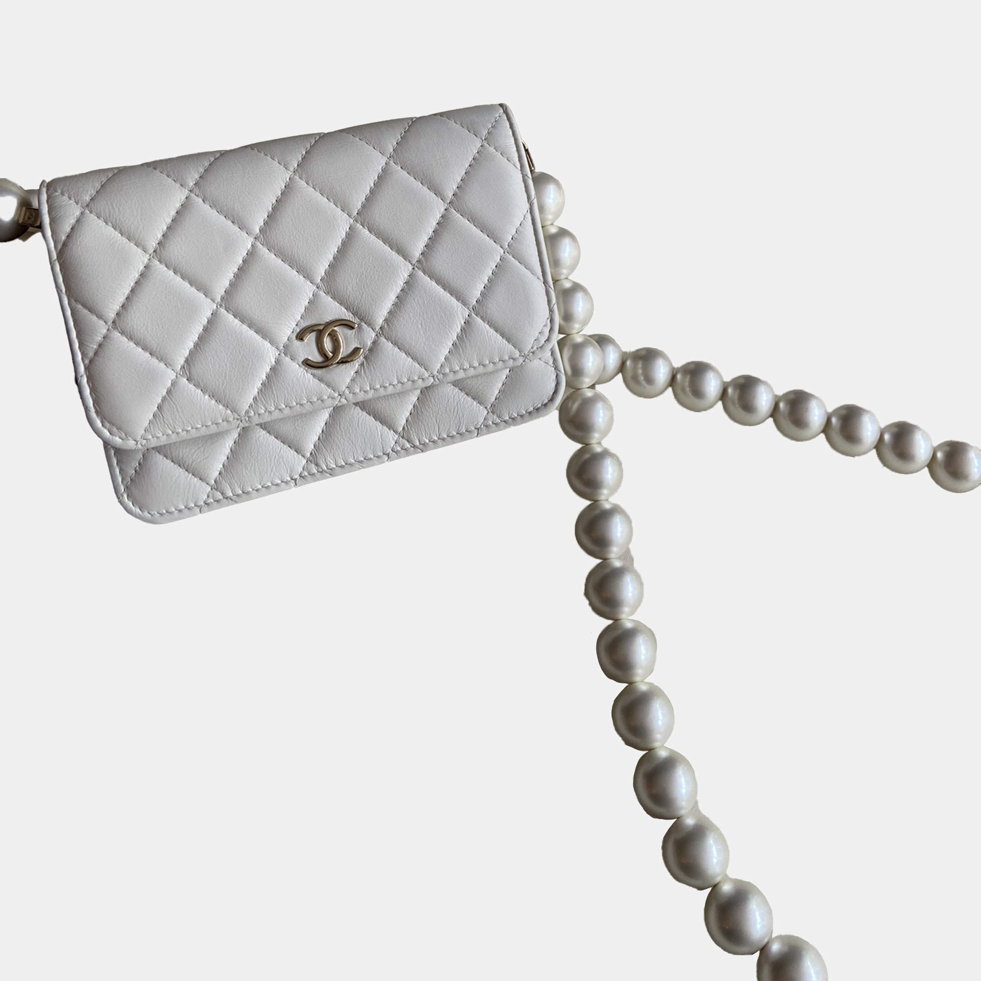 Chanel White Calfskin Quilted Mini Maxi Pearls Wallet On Chain