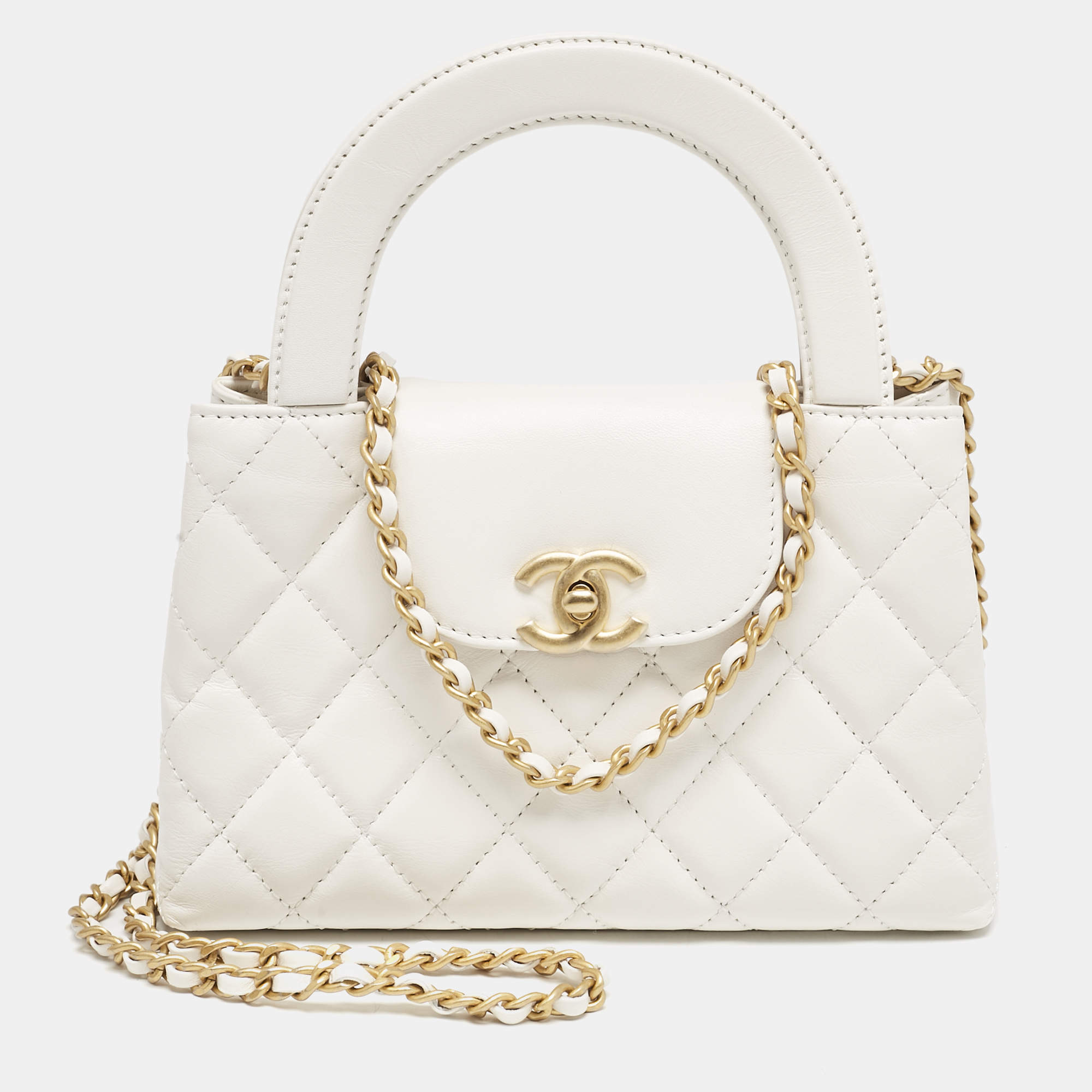 Pre Owned Chanel White Quilted Leather Mini Kelly Bag