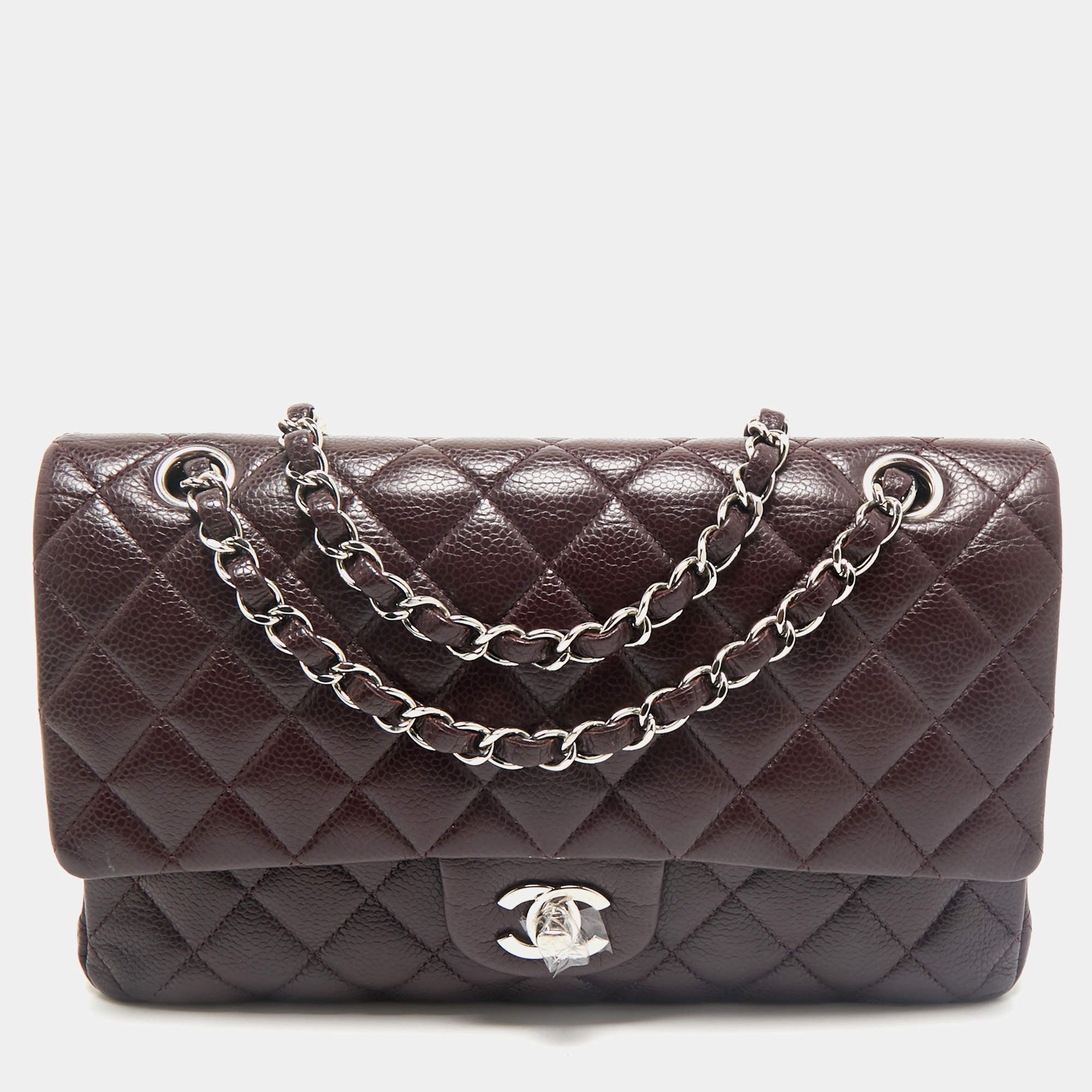 Pre Owned Chanel Burgundy Quilted Caviar Leather Medium Classic Double Flap Bag