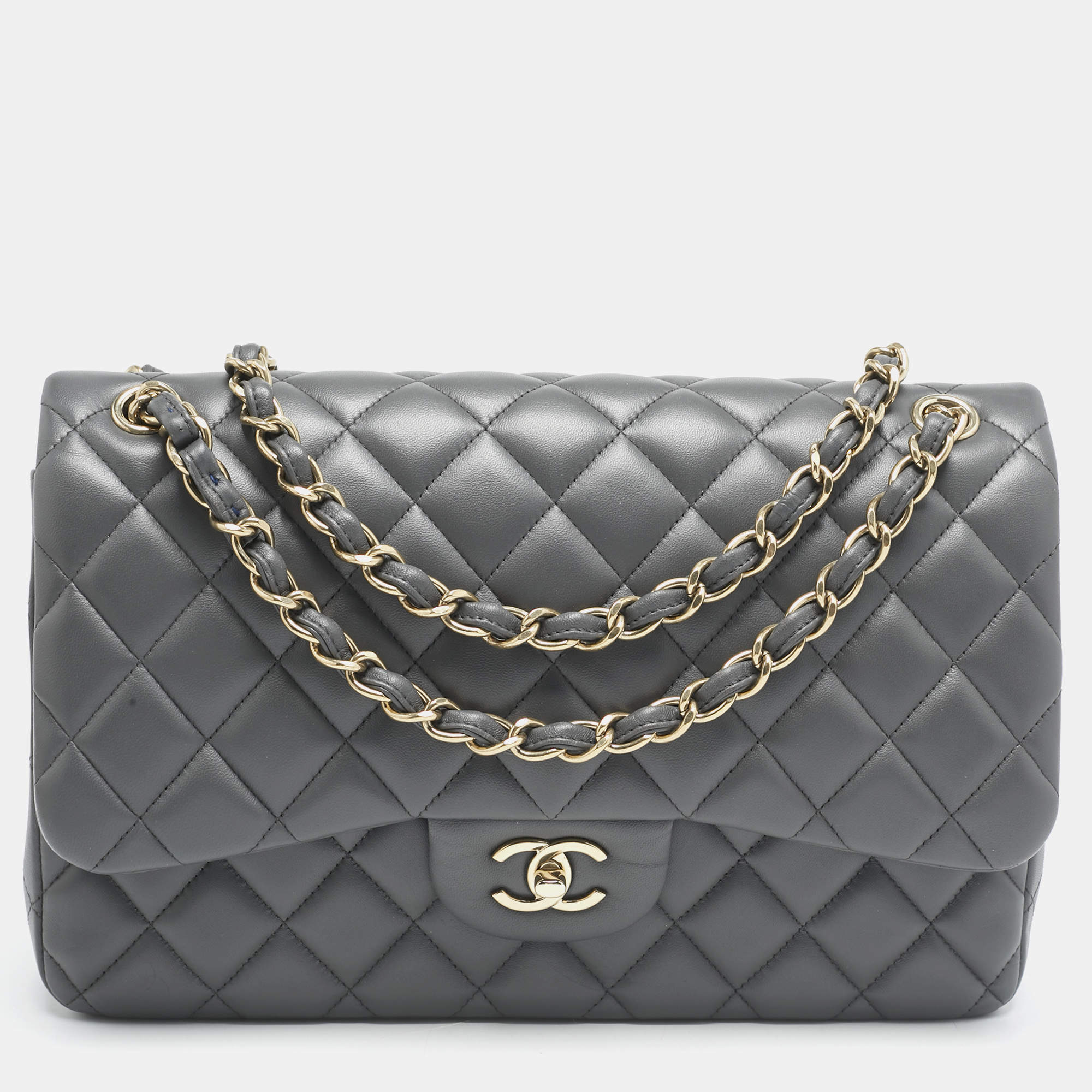 Pre Owned Chanel Grey Quilted Leather Jumbo Classic Double Flap Bag