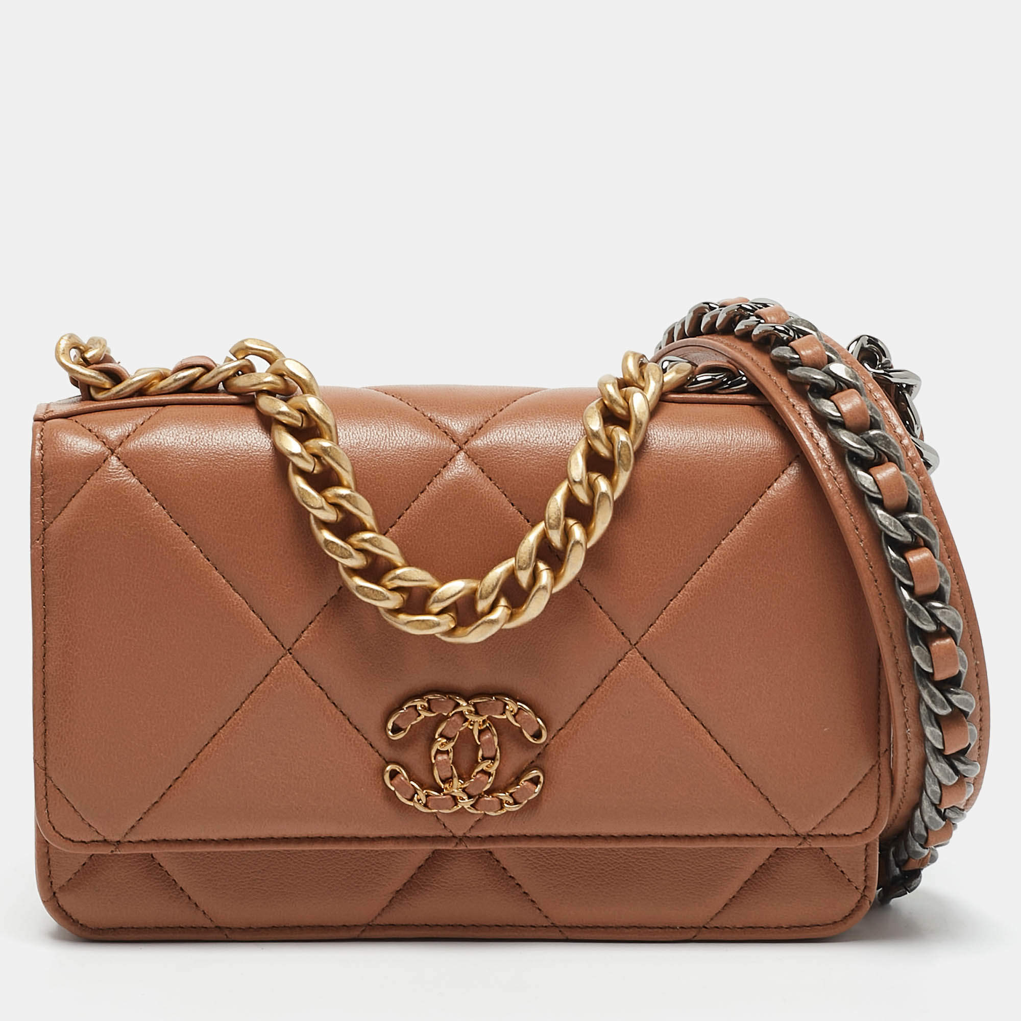 Chanel Brown Quilted Leather 19 Flap Wallet on Chain