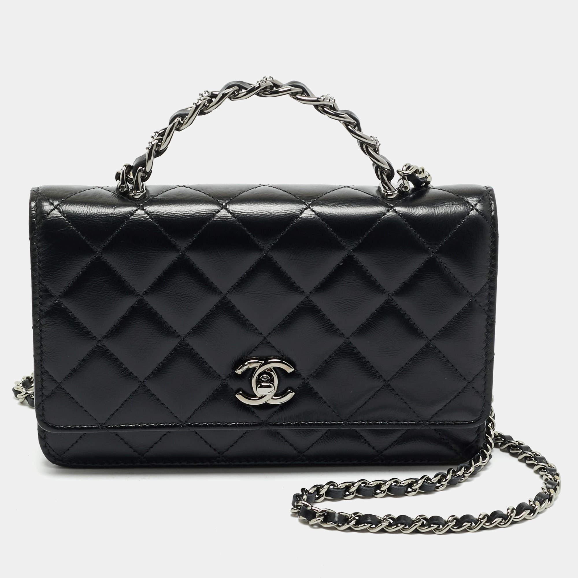 Pre Owned Chanel Black Quilted Leather Top Handle Wallet on Chain