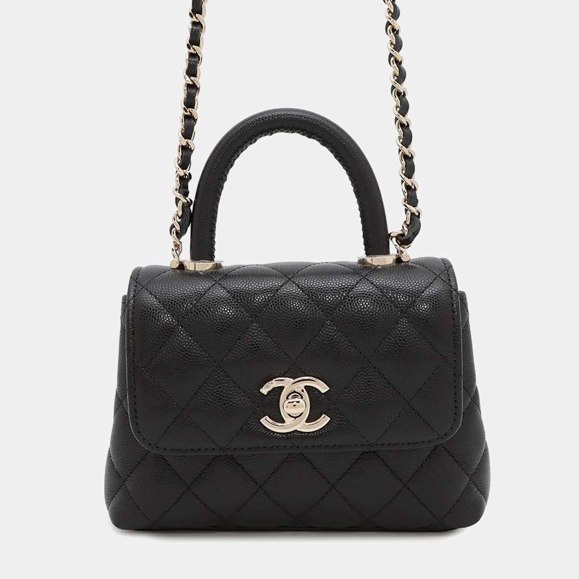 Chanel Matelassé Coco Handle Black Caviar Leather Mini 2Way Hand Bag