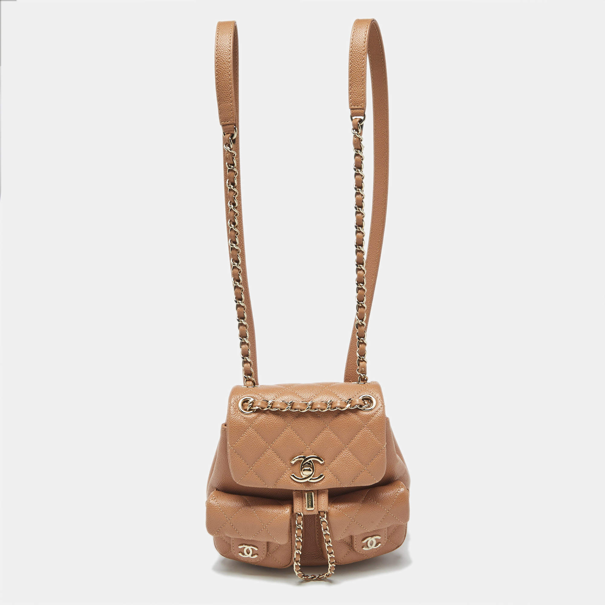 Pre Owned Chanel Tan Quilted Caviar Leather Mini Duma Backpack