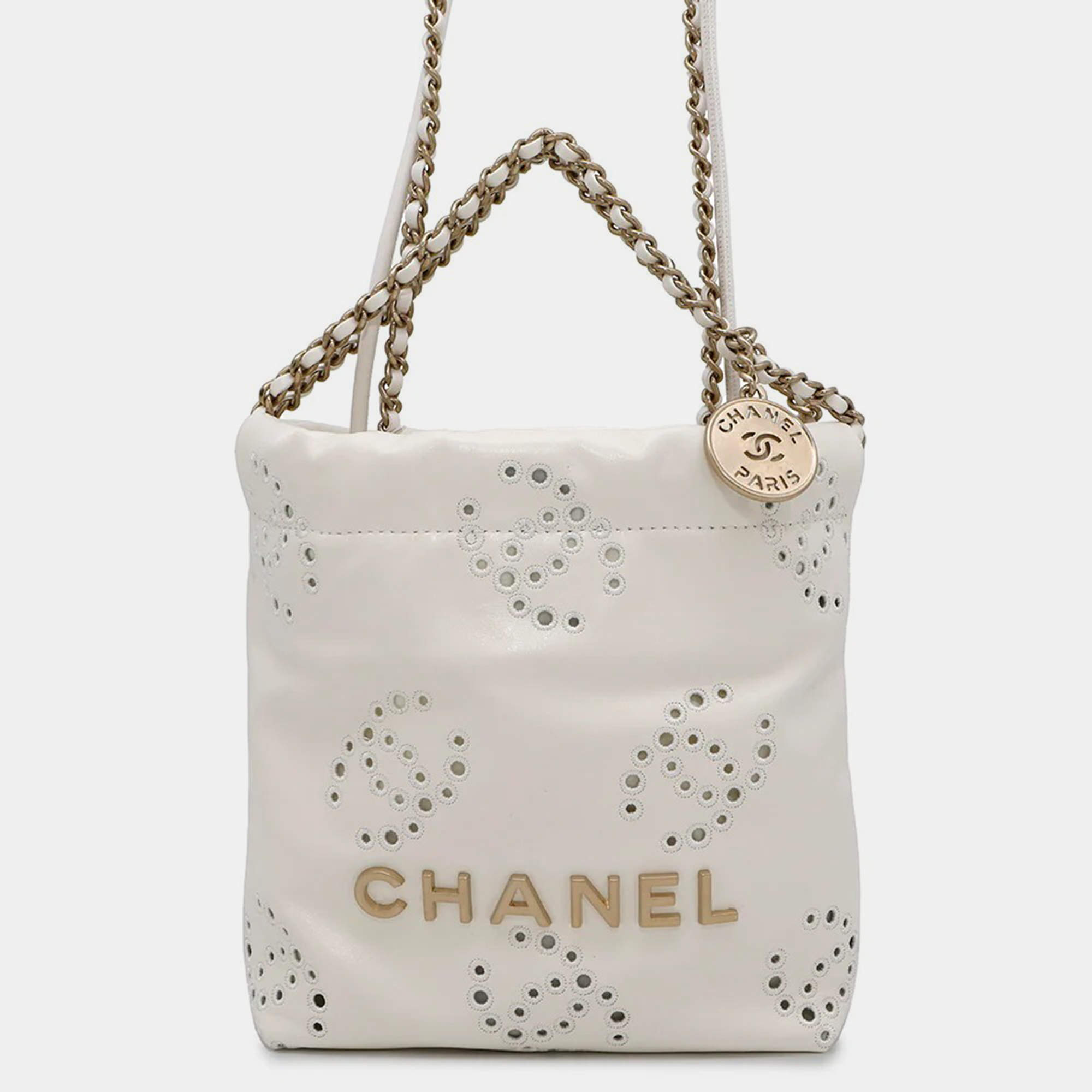 Pre Owned Chanel 22 Mini White Shiny Calf Leather Handbag