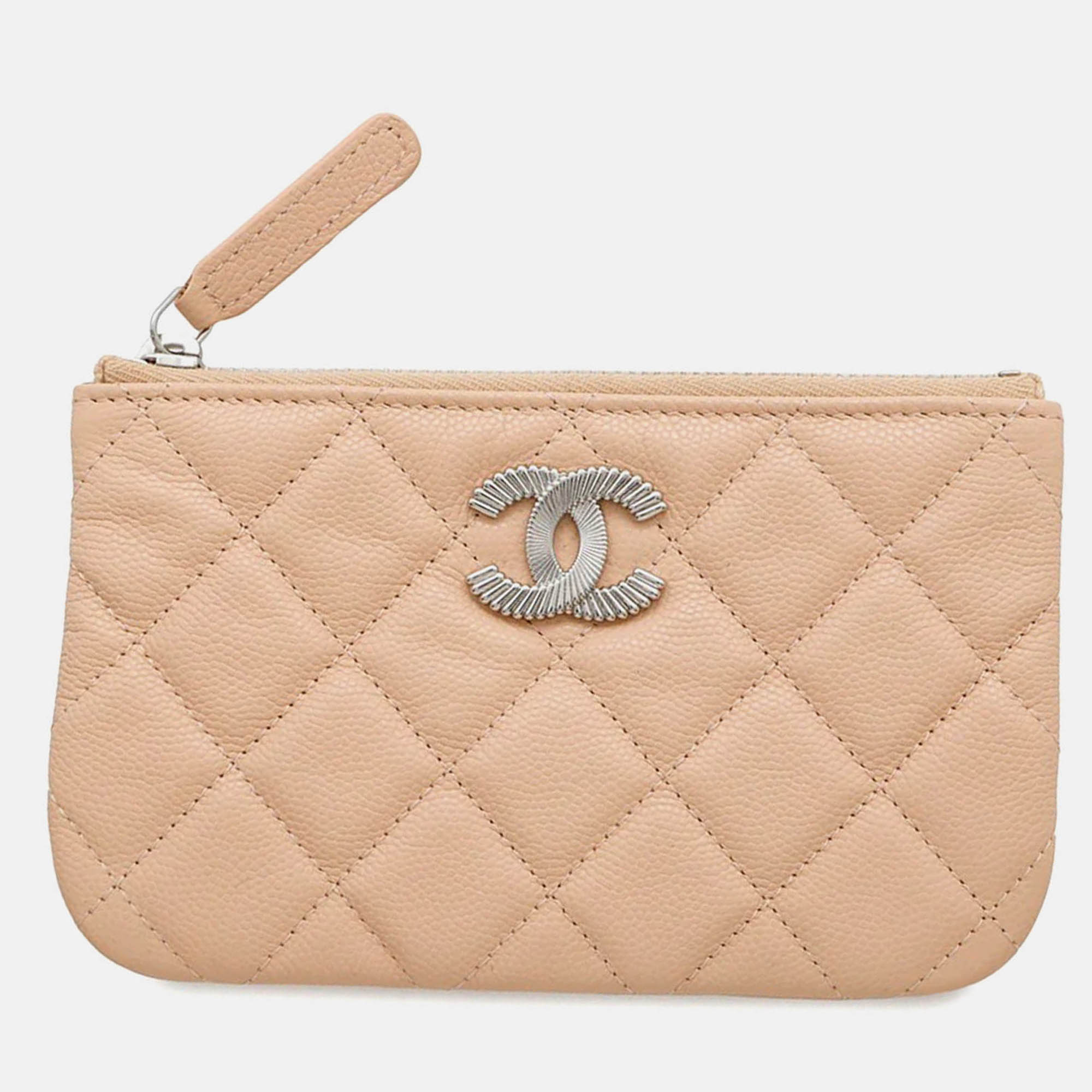 Pre Owned Chanel CC Logo Mini Beige Caviar Leather Pouch Bag