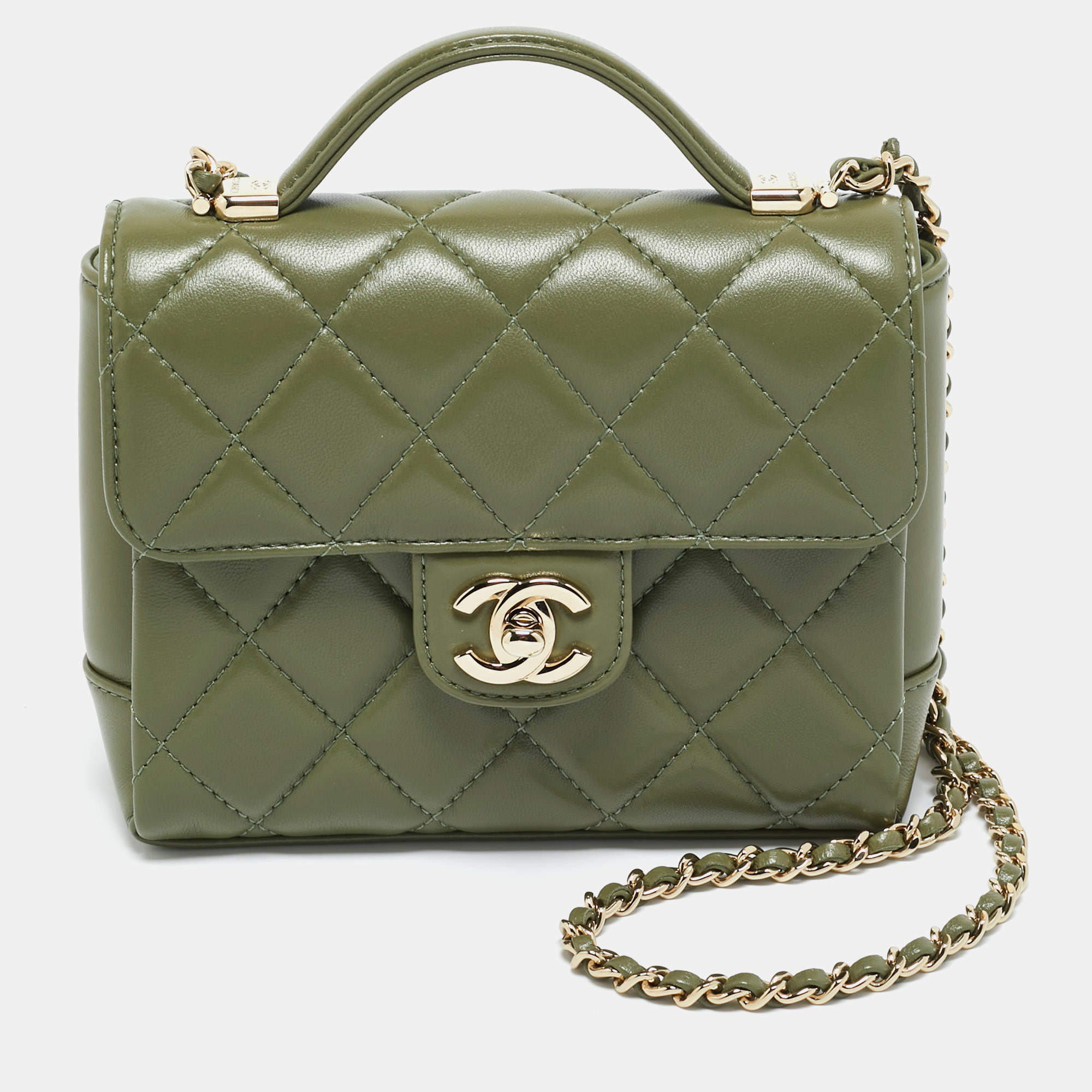 Pre Owned Chanel Green Quilted Leather Mini Flap Top Handle Bag