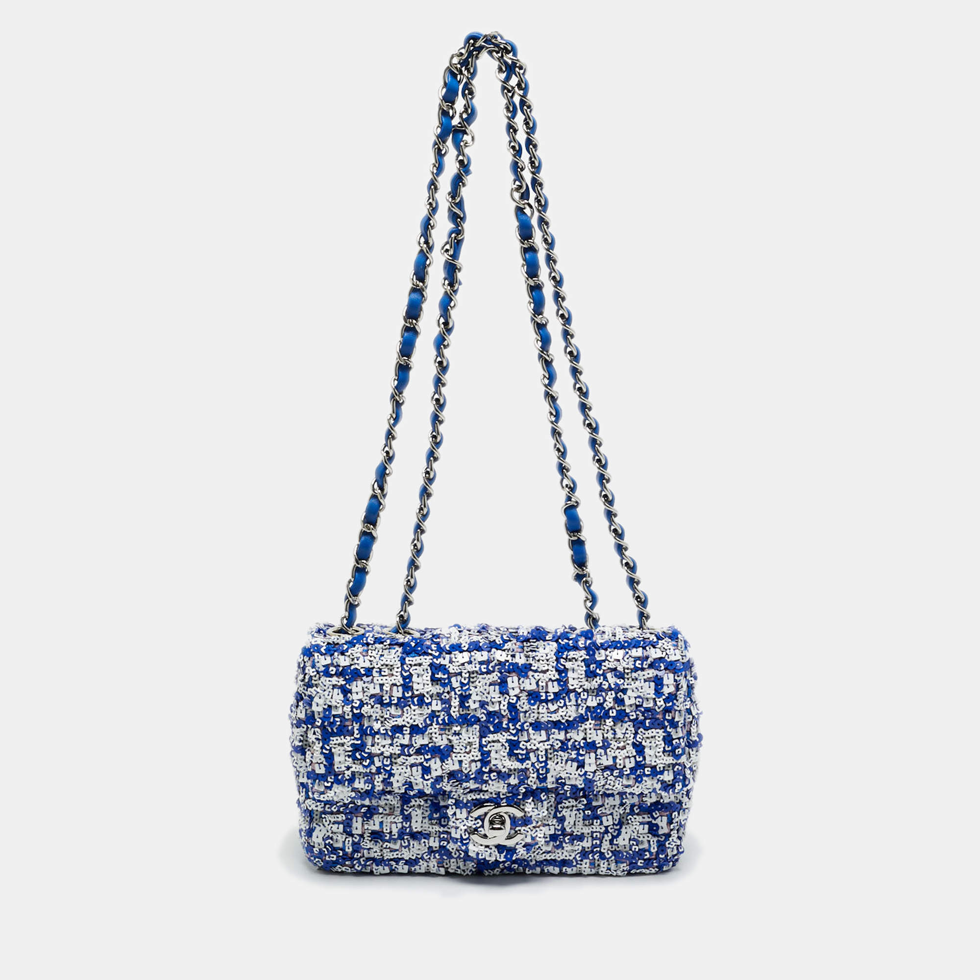 Pre Owned Chanel Blue/White Sequins Small Classic Flap Bag