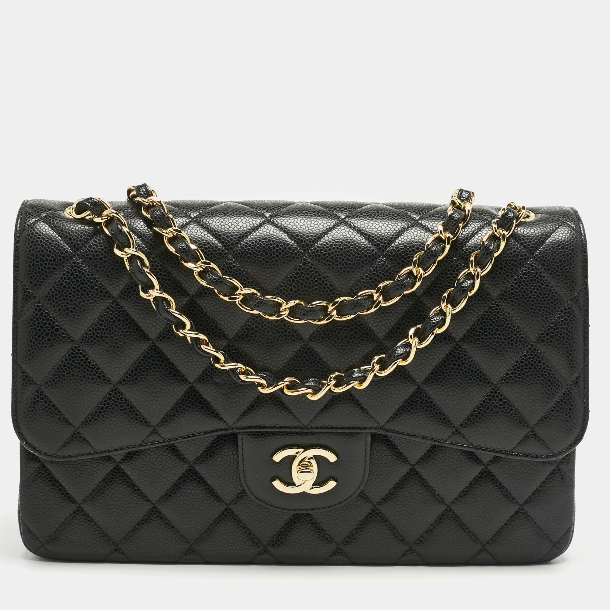 Pre Owned Chanel Black Quilted Caviar Leather Jumbo Classic Double Flap Bag