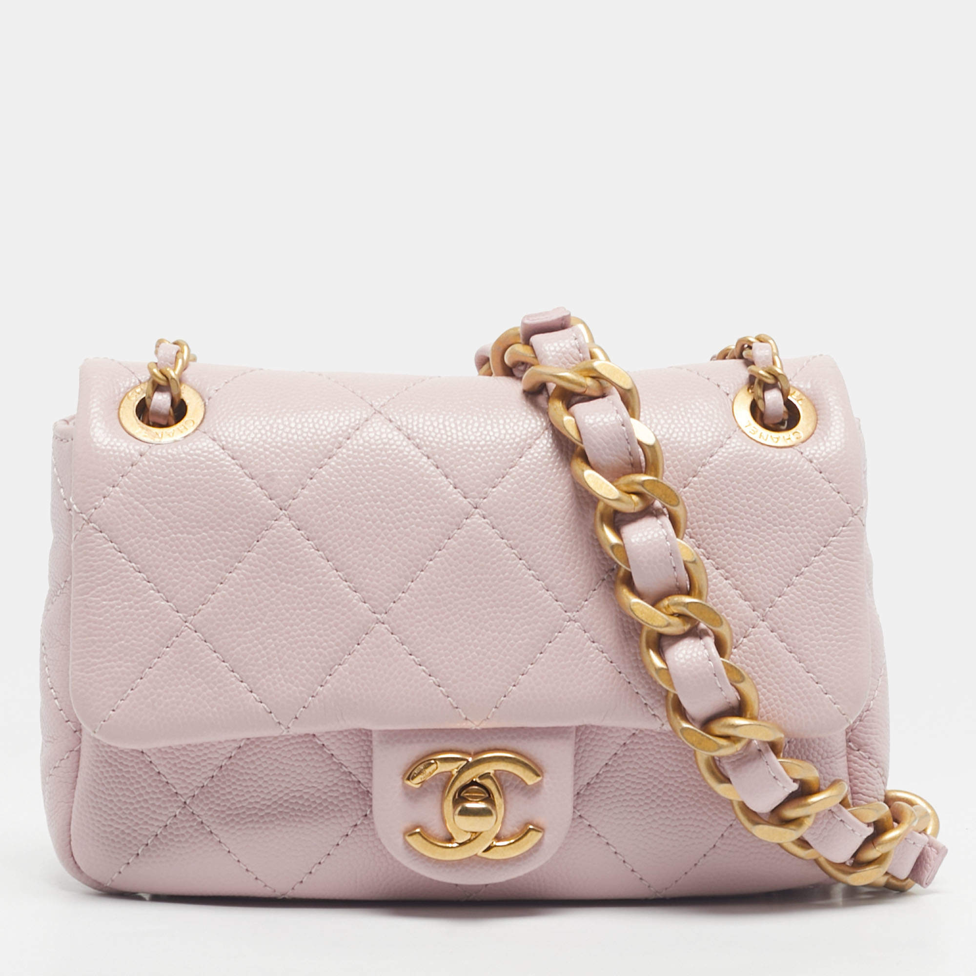Pre Owned Chanel Pink Quilted Caviar Leather Mini Rectangular Flap Bag