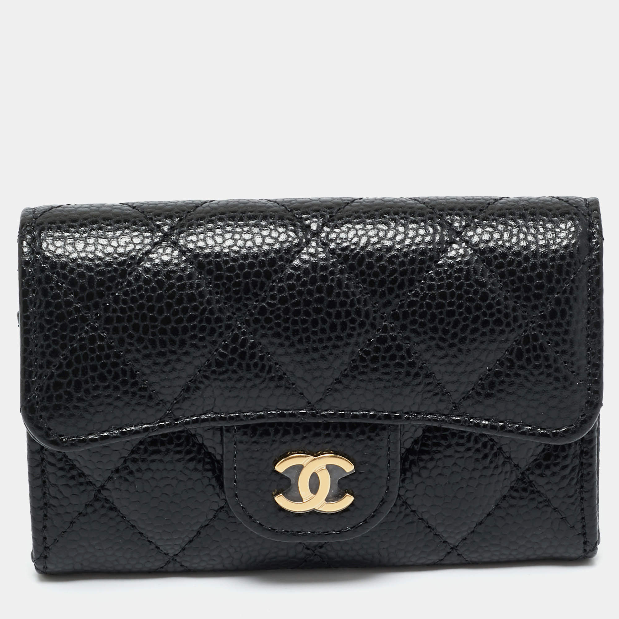 Pre Owned Chanel Black Quilted Caviar Leather Classic Flap Card Holder