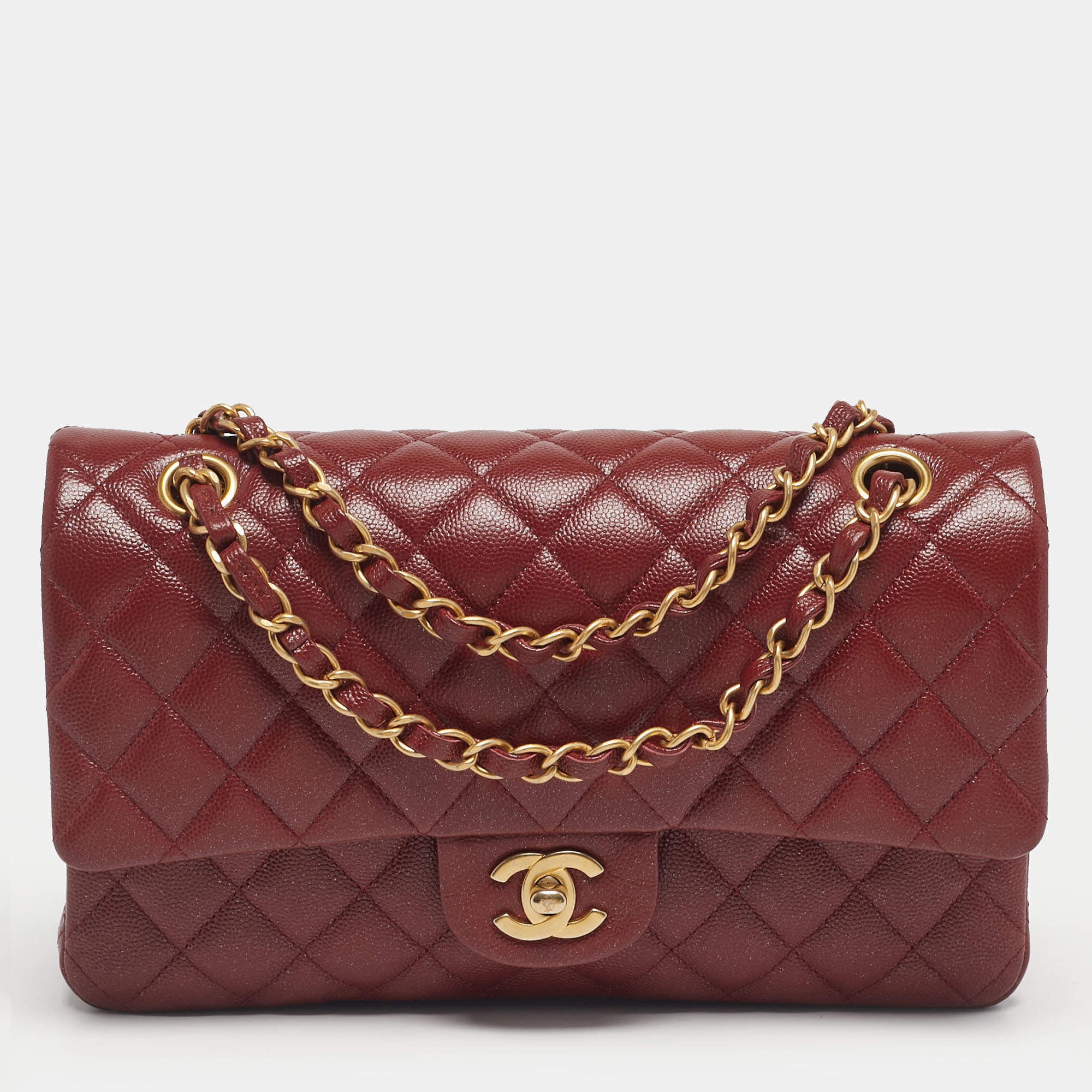 Pre Owned Chanel Red Quilted Caviar Leather Medium Classic Double Flap Bag