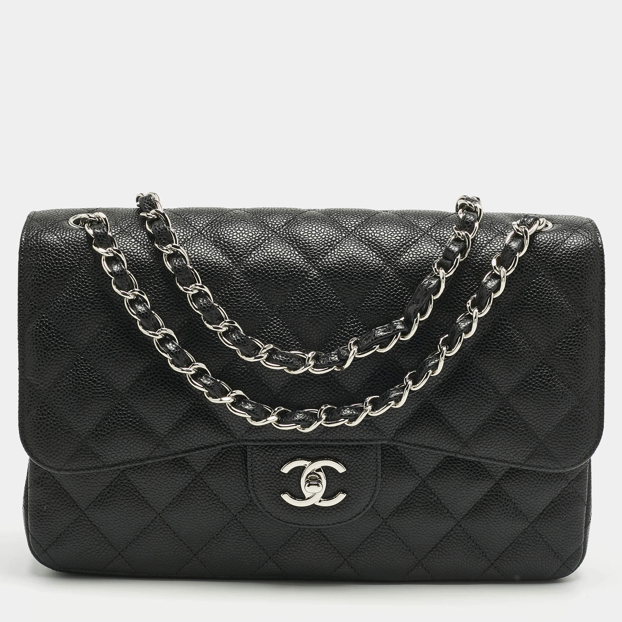 Pre Owned Chanel Black Quilted Caviar Leather Jumbo Classic Double Flap Bag