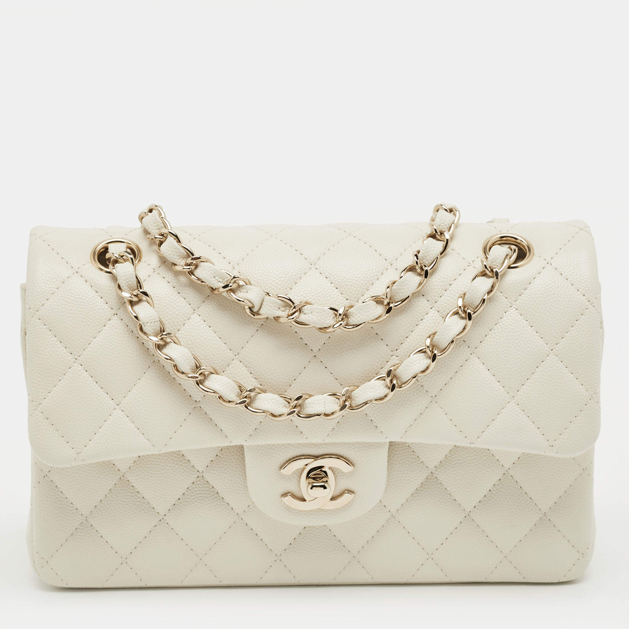 Pre Owned Chanel Off White Quilted Caviar Leather Small Classic Double Flap Bag