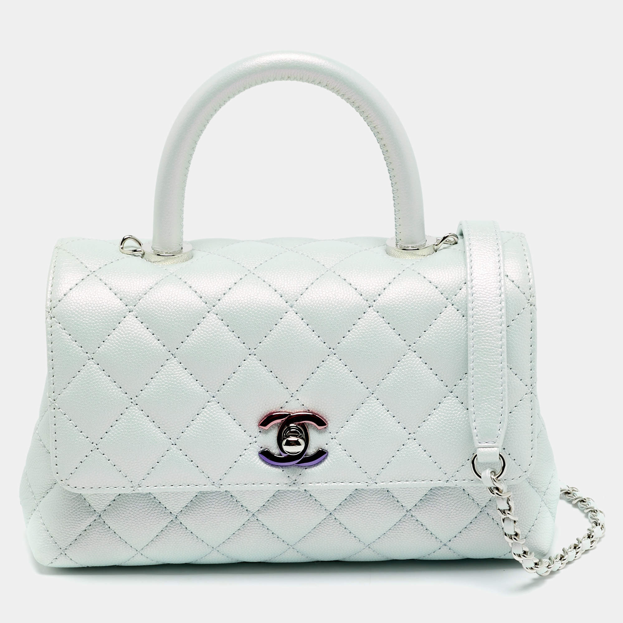 Pre Owned Chanel Blue Iridescent Quilted Caviar Leather Mini Coco Top Handle Bag