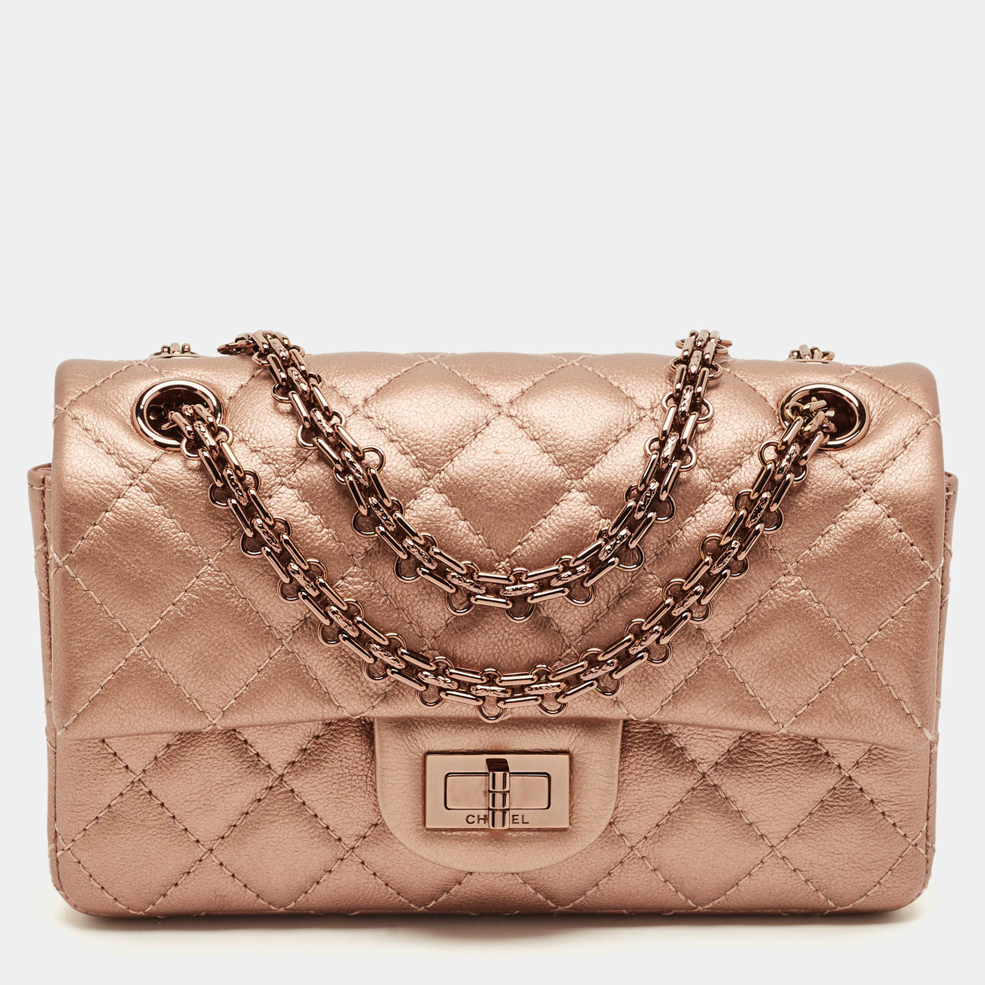Pre Owned Chanel Rose Gold Quilted Leather Reissue 2.55 Mini Flap Bag