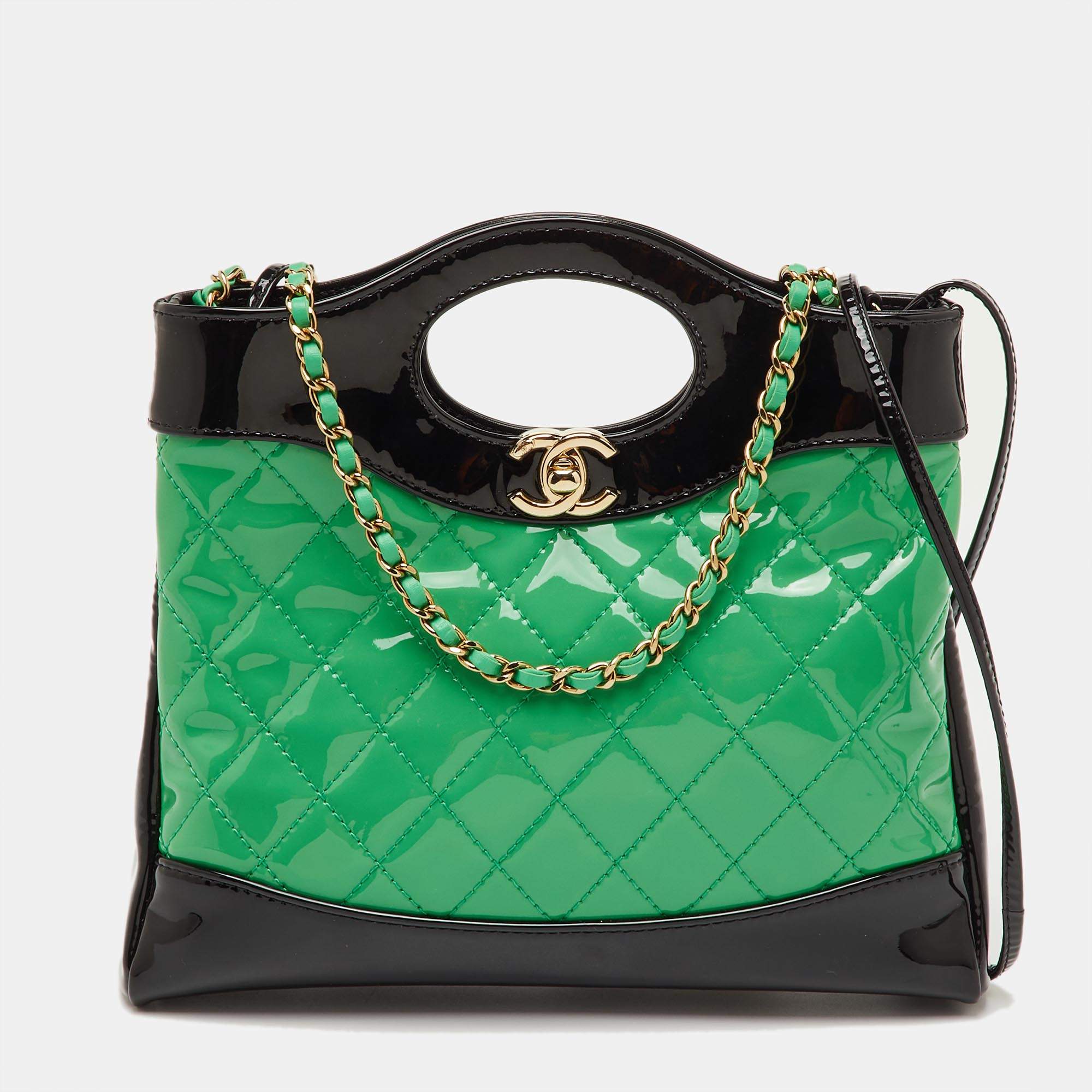 Pre Owned Chanel Green/Black Quilted Patent Leather Petit 31 Shopping Bag