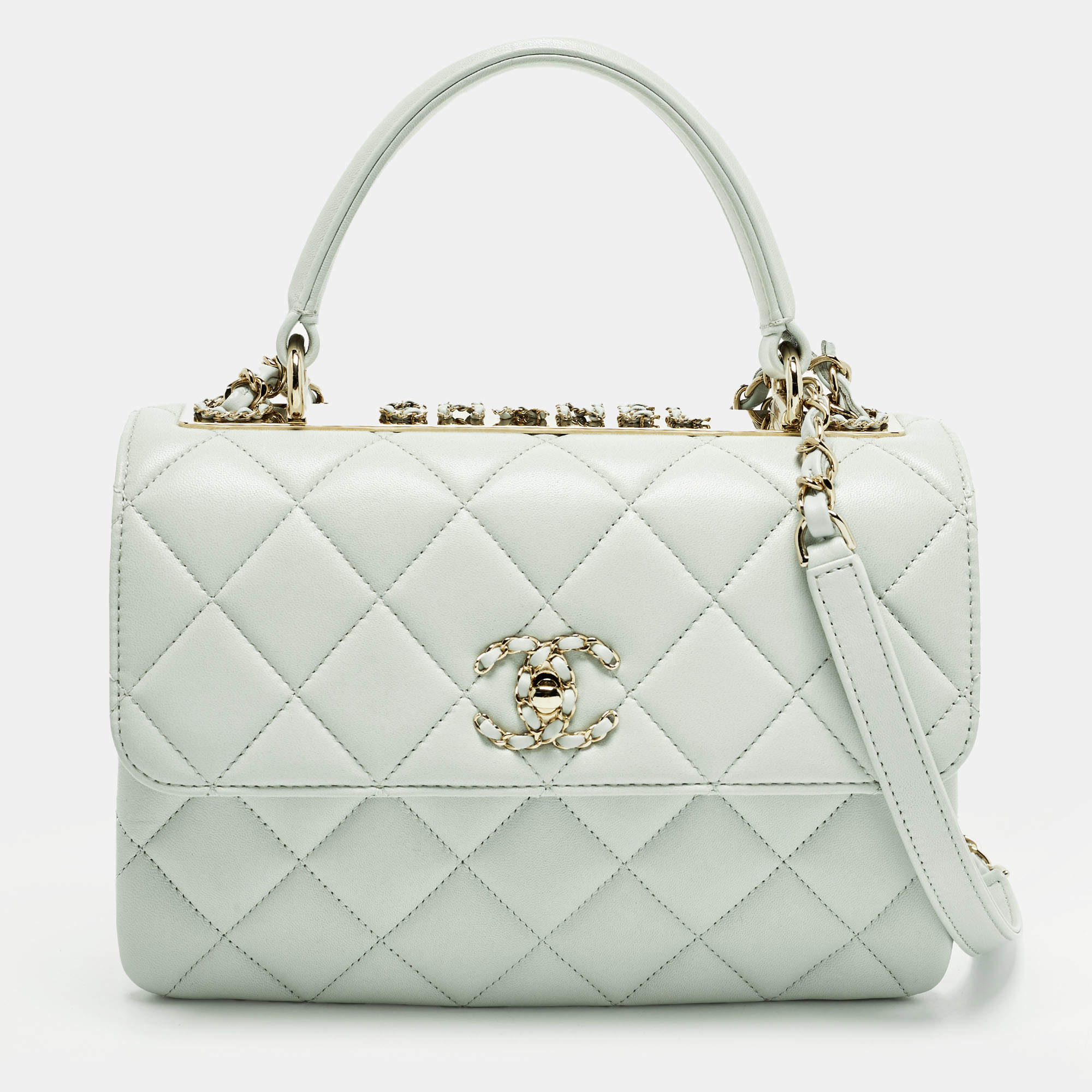 Pre Owned Chanel Trendy CC Small Mint Green Quilted Leather Top Handle Bag