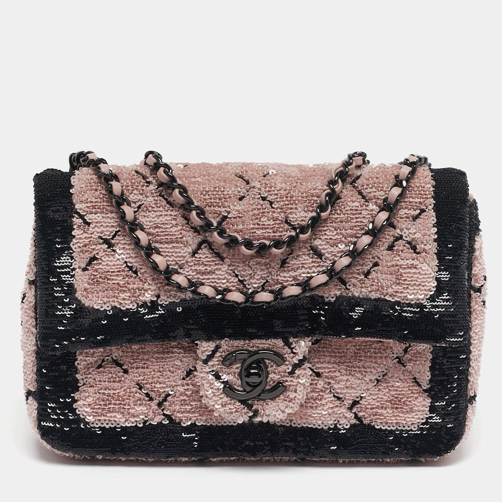 مملوكة مسبقًا Chanel Classic Single Flap Small Pink/Black Sequin Shoulder Bag