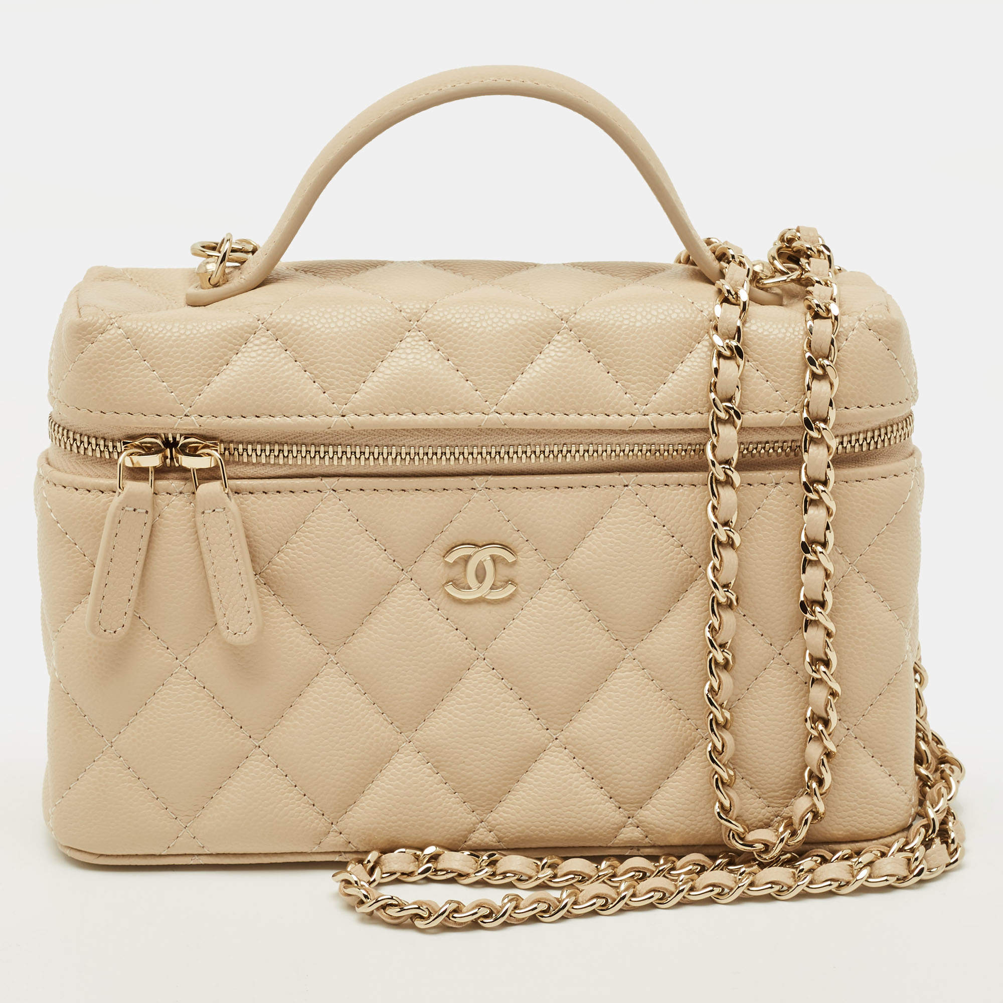 Pre Owned Chanel Vanity Case Slim Beige Quilted Caviar Leather Shoulder Bag