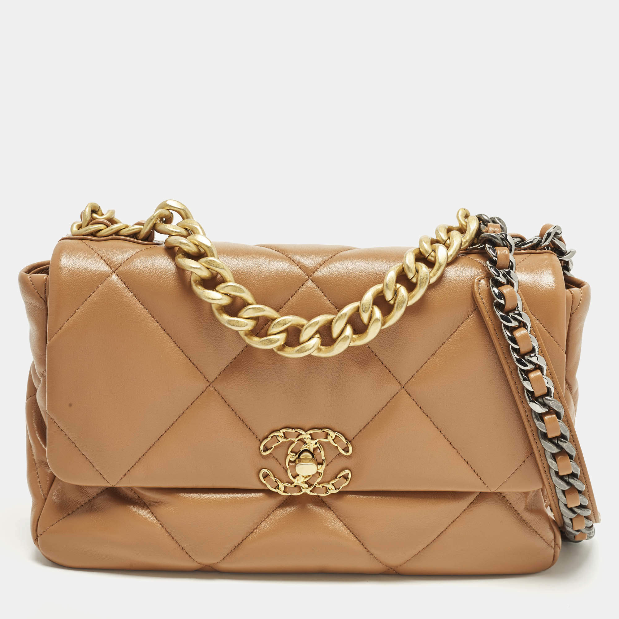 Pre Owned حقيبة شانيل 19 جلد بني مبطن كبيرة بقلاب