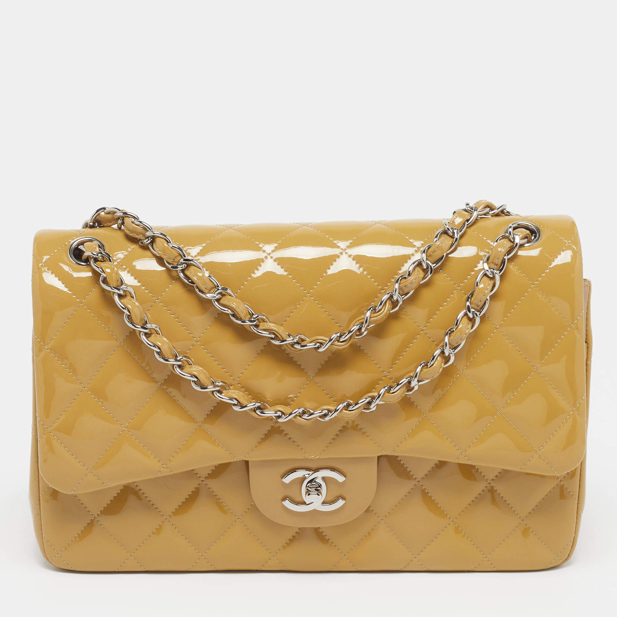 Pre Owned حقيبة شانيل مبطن جلد براءات مزدوجة قلاب كلاسيك جمبو بيج