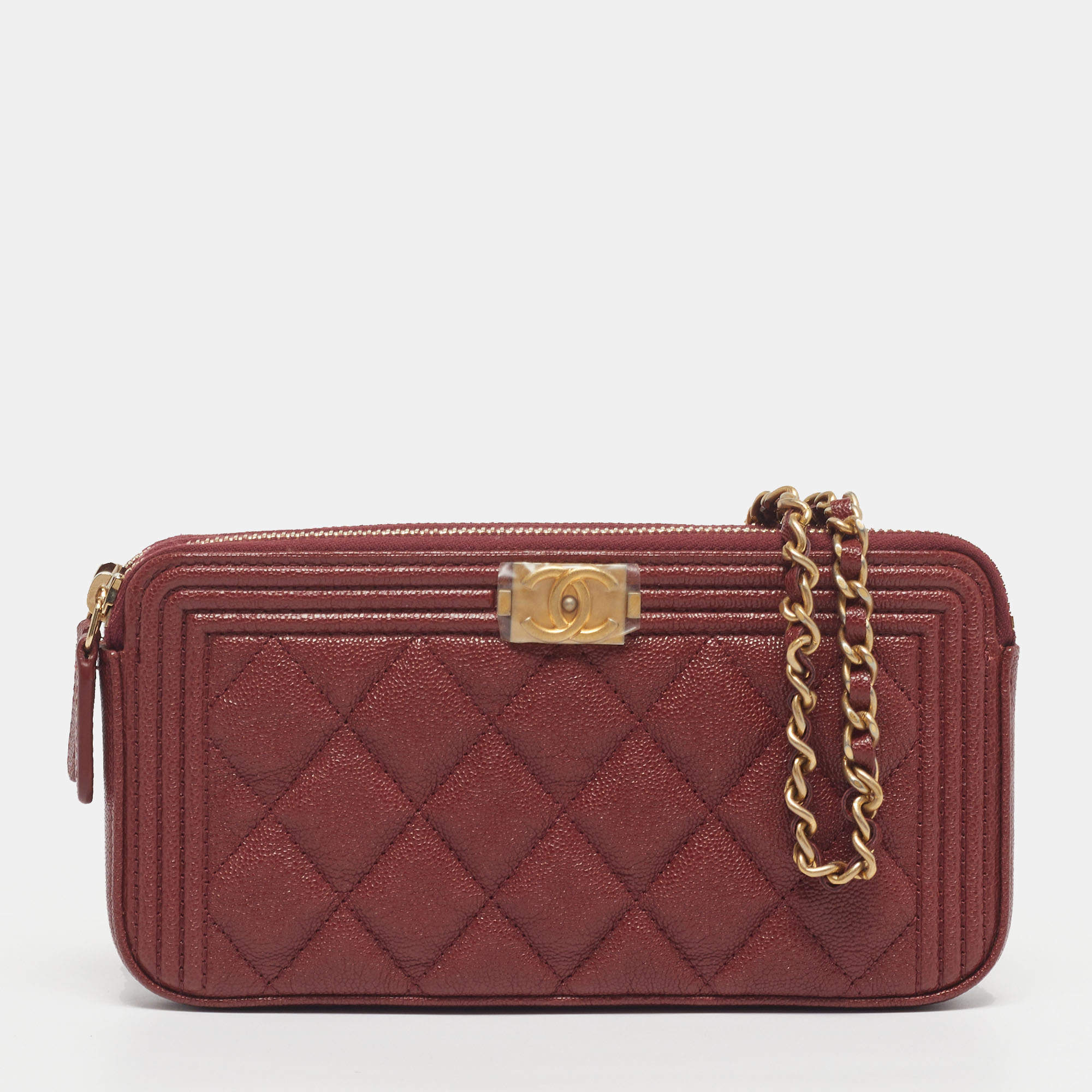 Pre Owned Chanel Boy Burgundy Quilted Caviar Leather Chain Clutch